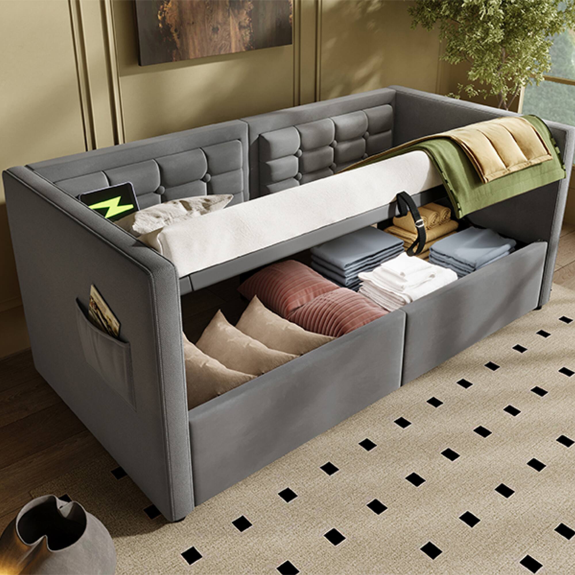 Alt View 6. GOODSILO - Upholstered Twin Size Daybed with Hydraulic Storage and USB Charging, Tufted Sofa Back Design - Gray.