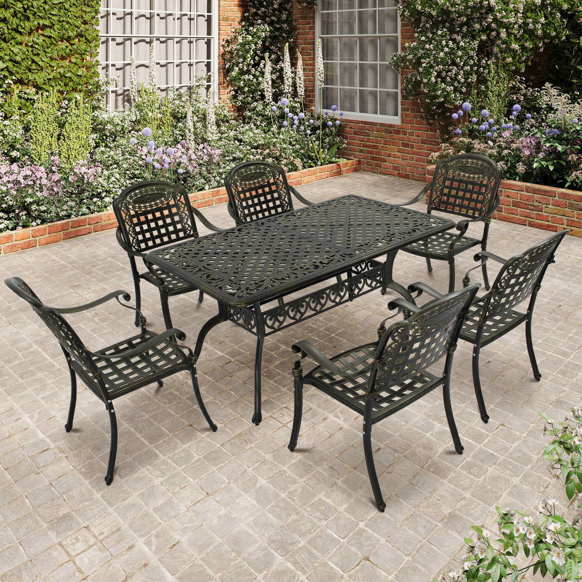 Angle. Mondawe - 7-Piece Set Of Cast Aluminum Patio Furniture - Bronze.