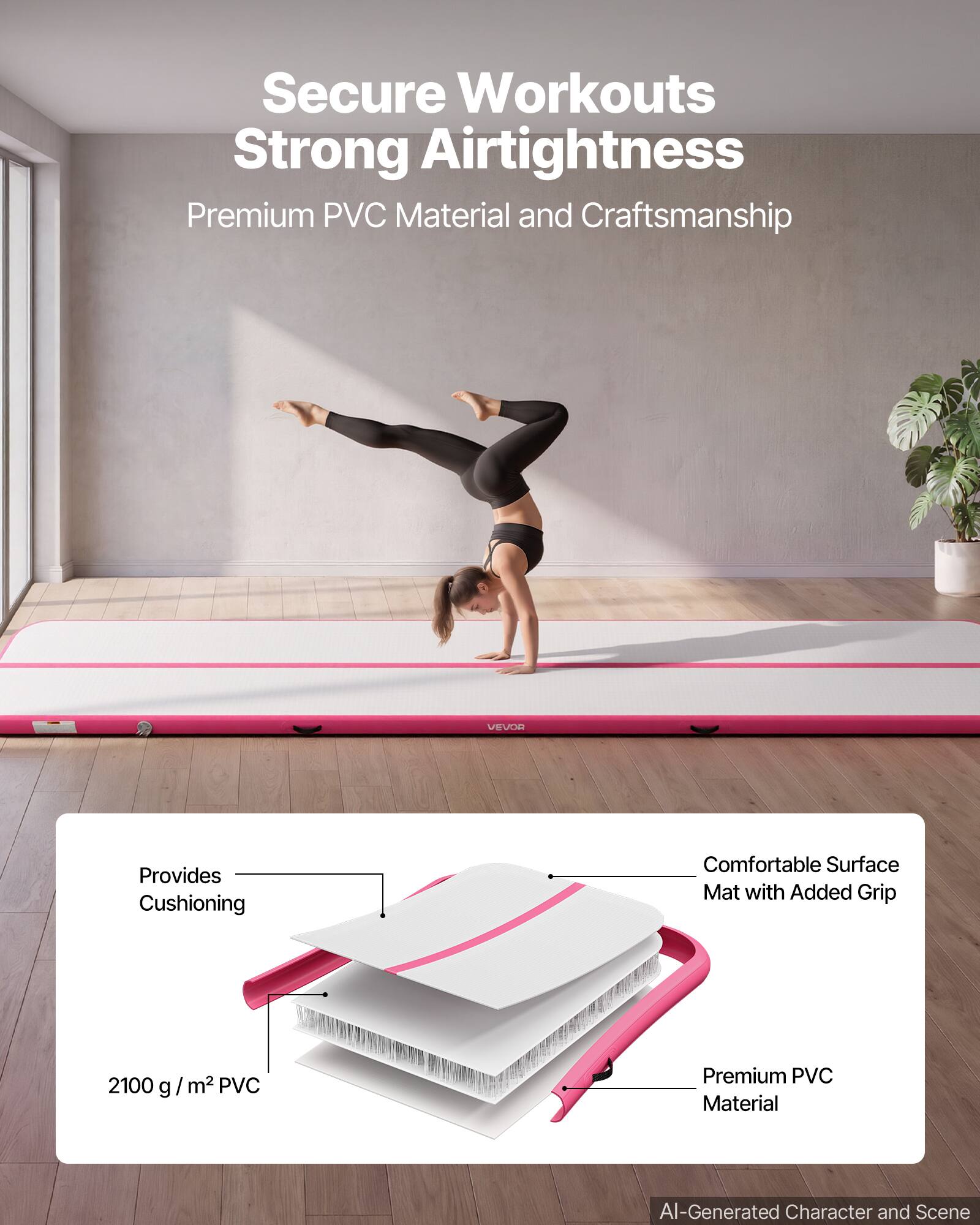 Secure Workouts Strong Airtightness  
Premium PVC Material and Craftsmanship  
VEVOR Provides Cushioning  
Comfortable Surface Mat with Added Grip  
2100 g /m² PVC  
Premium PVC Material  
AI-Generated Character and Scene