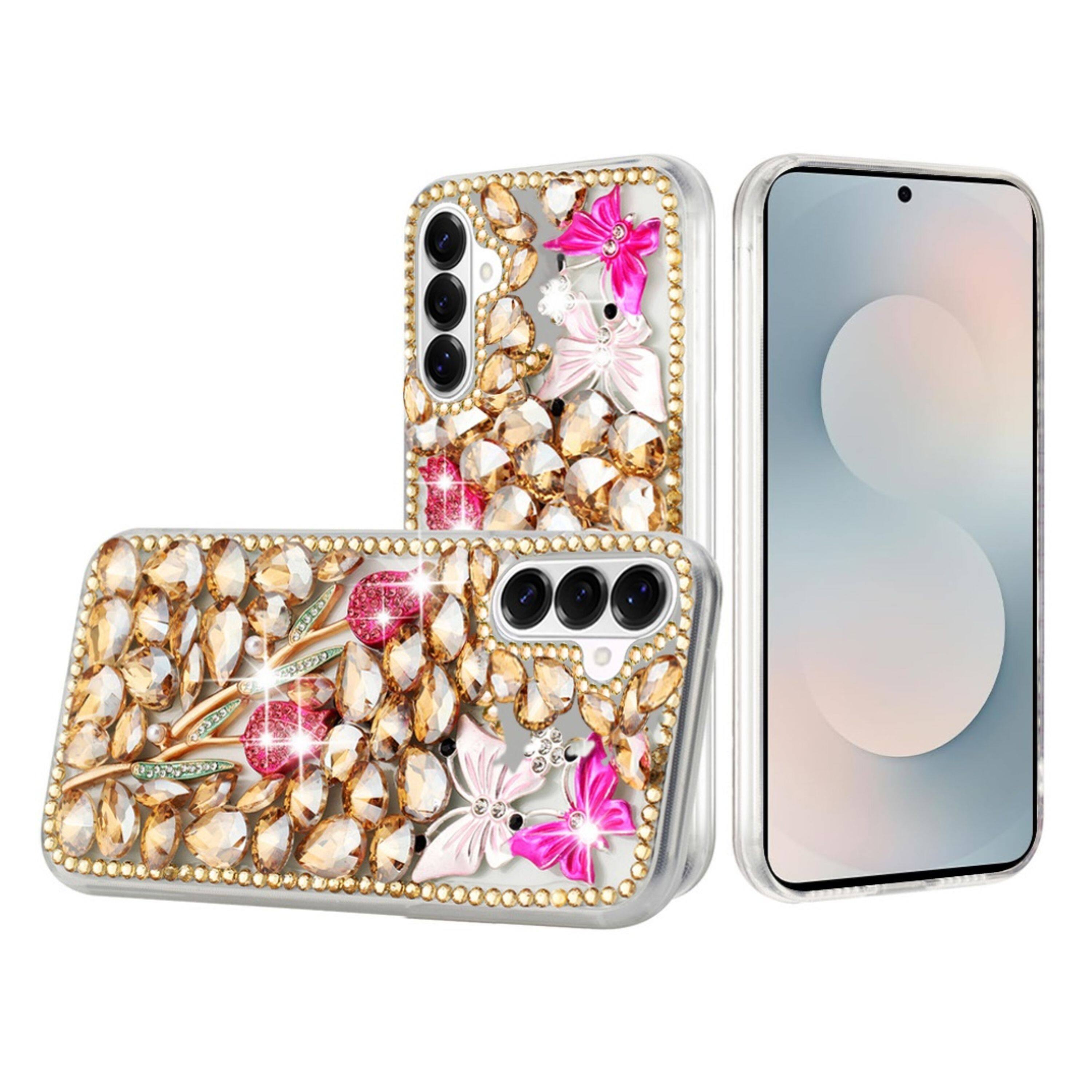 Front. Kitcheniva - Full Diamond Bling 3D Jewel Ornaments Design Phone Case With Tempered Glass For Samsung S26 Gold Garden - Multicolor.