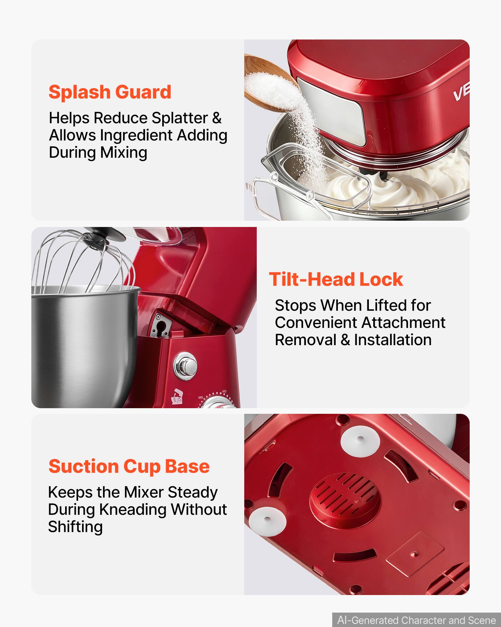 Splash Guard Helps Reduce Splatter & Allows Ingredient Adding During Mixing  
VE  
Tilt-Head Lock Stops When Lifted for Convenient Attachment Removal & Installation  
Suction Cup Base Keeps the Mixer Steady During Kneading Without Shifting  
AI-Generated Character and Scene