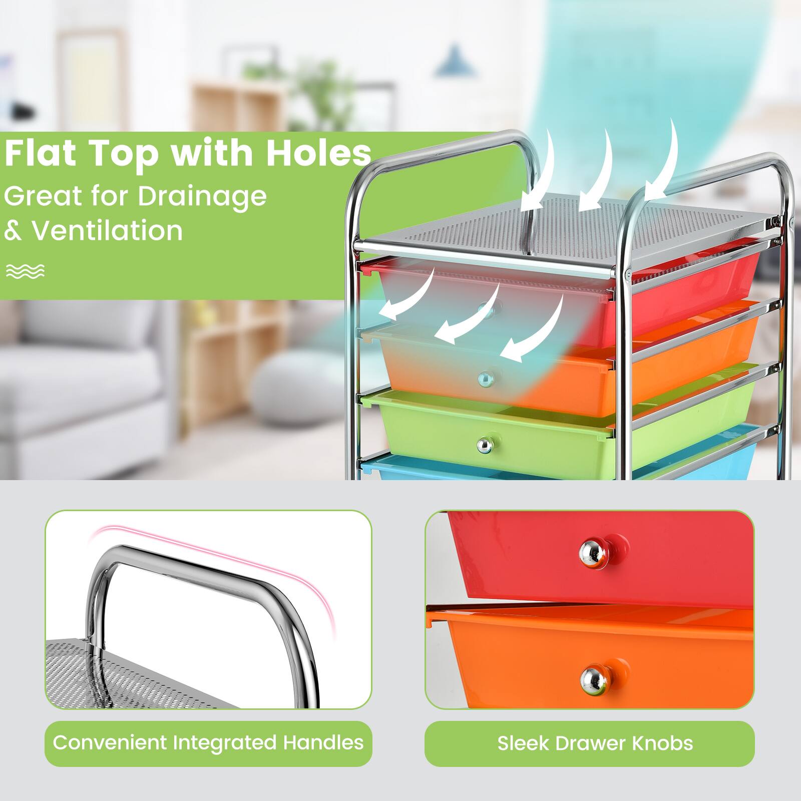 Flat Top with Holes: Great for Drainage & Ventilation, Convenient Integrated Handles, Sleek Drawer Knobs.