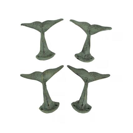 Front. Zeckos - Set of 4 Green Verdigris Finish Cast Iron Whale Tail Wall Hooks - Green.