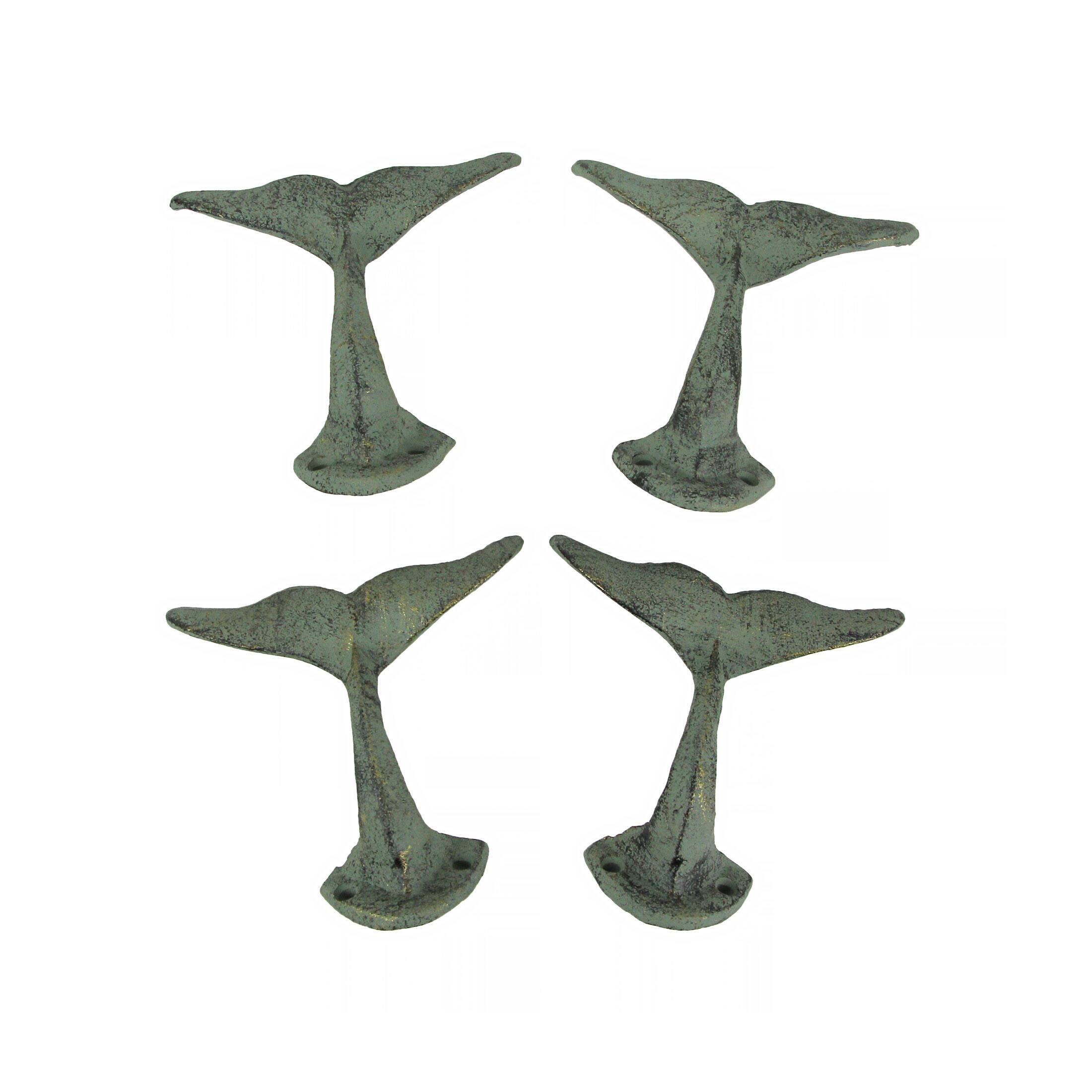 Front. Zeckos - Green Verdigris Cast Iron Decorative Whale Tail Wall Hook Coastal Decor Set of 4 - Green.