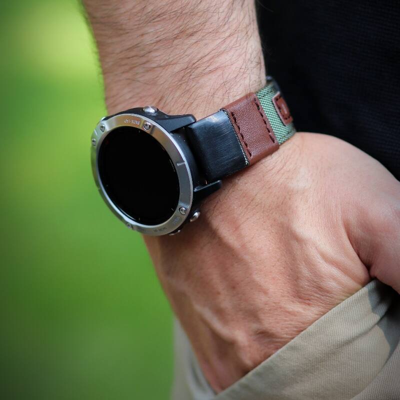 Alt View 2. StrapsCo - Rugged Canvas Band QuickFit 26 Watch Strap For Garmin Tactix 8 – 51mm - Green & Brown.