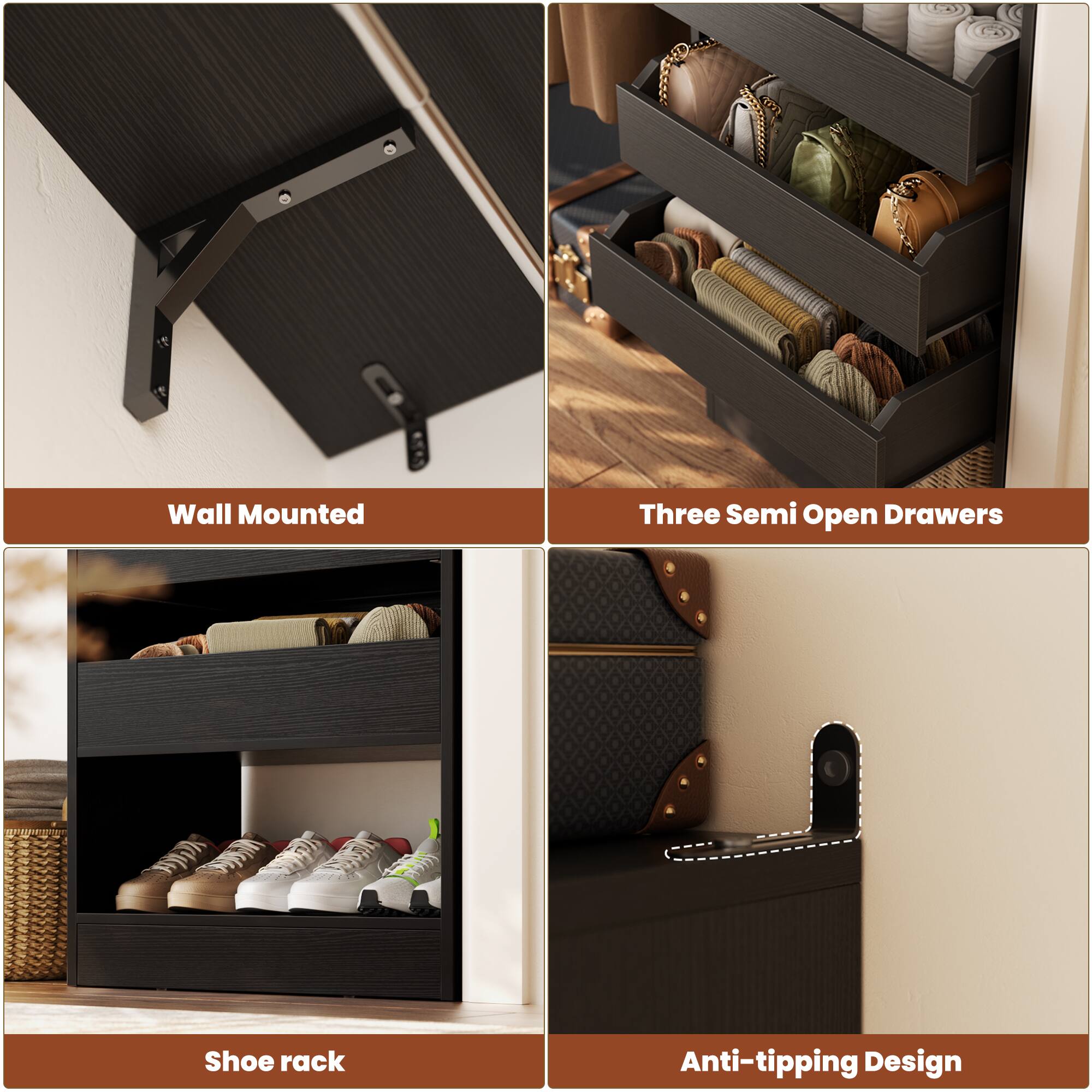 Wall Mounted Three Semi Open Drawers Shoe rack Anti-tipping Design