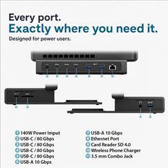 Every port. Exactly where you need it.  
Designed for power users.  

140W Power Input  
USB-C / 80 Gbps  
USB-C / 80 Gbps  
USB-C / 80 Gbps  
USB-C / 80 Gbps  
USB-A / 10 Gbps  

USB-A / 10 Gbps  
Ethernet Port  
Card Reader SD 4.0  
Wireless Phone Charger  
3.5 mm Combo Jack