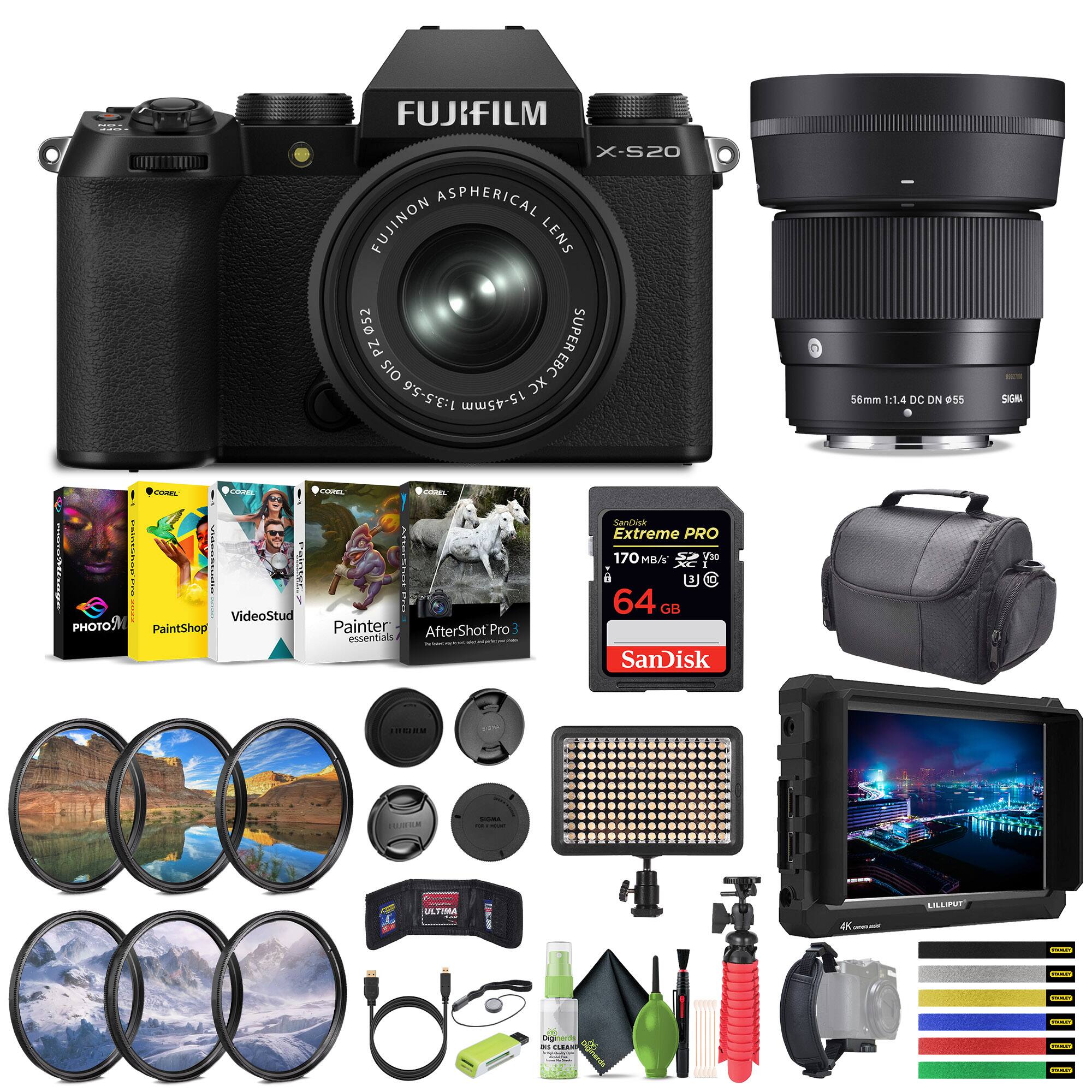 FUJIFILM X-S20  
FUJINON ASPHERICAL LENS  
052 SUPER PZ OIS EBC 1:3.5-5.6 DX 15-45mm  

SIGMA 56mm 1:1.4 DC DN 055  

PaintShop Pro  
VideoStudio  
Painter essentials  
AfterShot Pro 3  

SanDisk Extreme PRO  
170 MB/s V30  
64 GB  

SanDisk  
170 MB/s V30  
64 GB  

LILLIPUT 4K Monitor  

COPPERHEAD  
Ultima  
Lens Cleaning Kit  

COPPERHEAD  
Lens Cleaning Kit  

COPPERHEAD  
Lens Cleaning Kit  

COPPERHEAD  
Lens Cleaning Kit  

COPPERHEAD  
Lens Cleaning Kit  

COPPERHEAD  
Lens Cleaning Kit  

COPPERHEAD  
Lens Cleaning Kit  

COPPERHEAD  
Lens Cleaning Kit  

COPPERHEAD  
Lens Cleaning Kit  

COPPERHEAD  
Lens Cleaning Kit  

COPPERHEAD  
Lens Cleaning Kit  

COPPERHEAD  
Lens Cleaning Kit  

COPPERHEAD  
Lens Cleaning Kit  

COPPERHEAD  
Lens Cleaning Kit  

