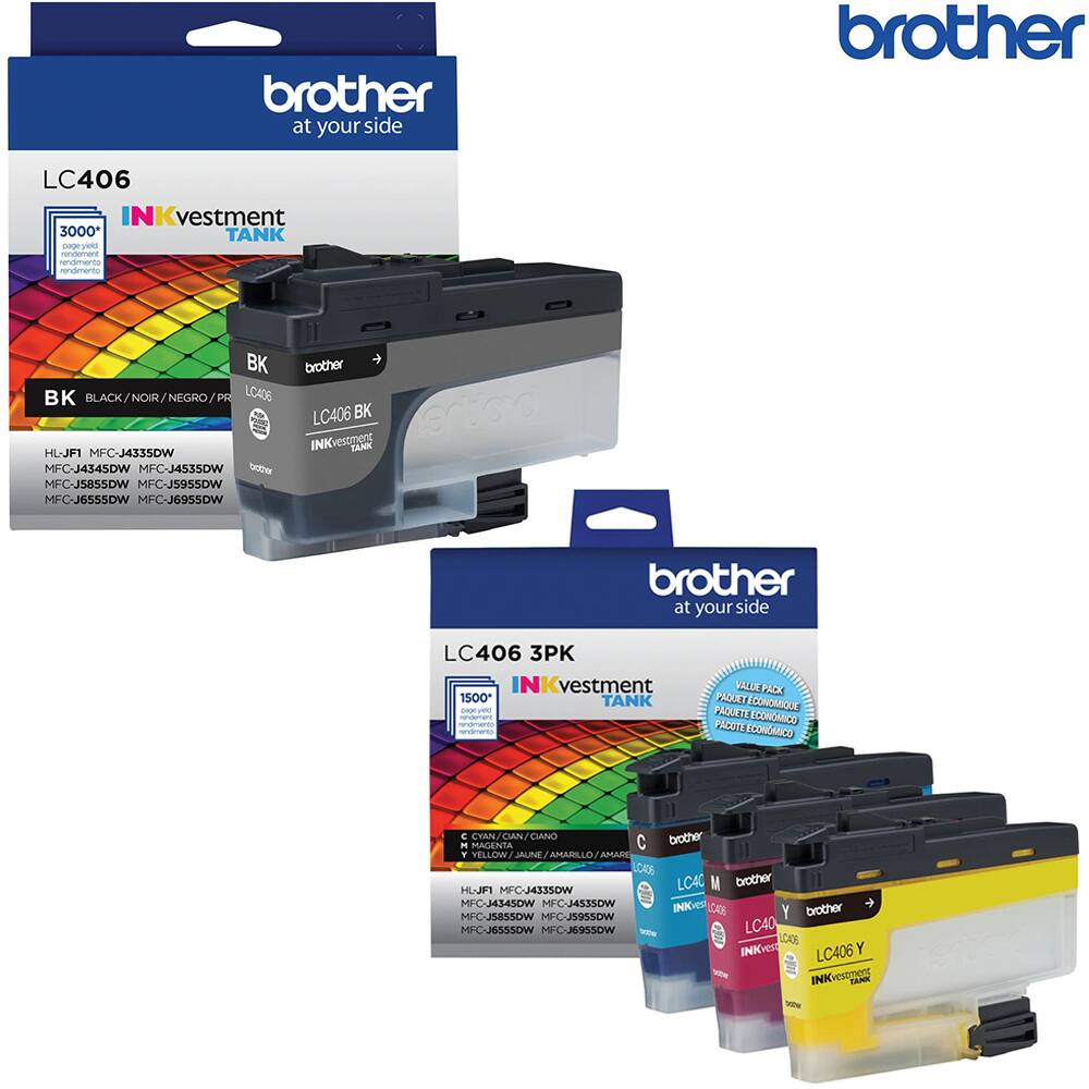 brother at your side

LC406 INKvestment 3000* TANK page yield rendement rendimiento rendimento
BK brother BK BLACK/NOIR/NEGRO/PR LC406 LC406 BK HL-JF1 MFC-J4335DW INKvestment TANK MFC-J4345DW MFC-J4535DW with MFC-J5855DW MFC-J5955DW MFC-J6555DW MFC-J6955DW

brother at your side

LC406 3PK INKvestment 1500* TANK page ved rendmento
VALUE PACK PAQUET ECONOMIQUE PAQUETE ECONOMICO PACOTE ECONOMICO
CYAN, CIANO brother M MAGENTA C Y YELLOW JAUNE LCA05 HLJF1 MFC-J4335DW LC40 MFC-J434SDW MFC-J45350W INKves MFC-J5855DW MFC-JS955DW MFC-J65SSDW MFC-J695SDW