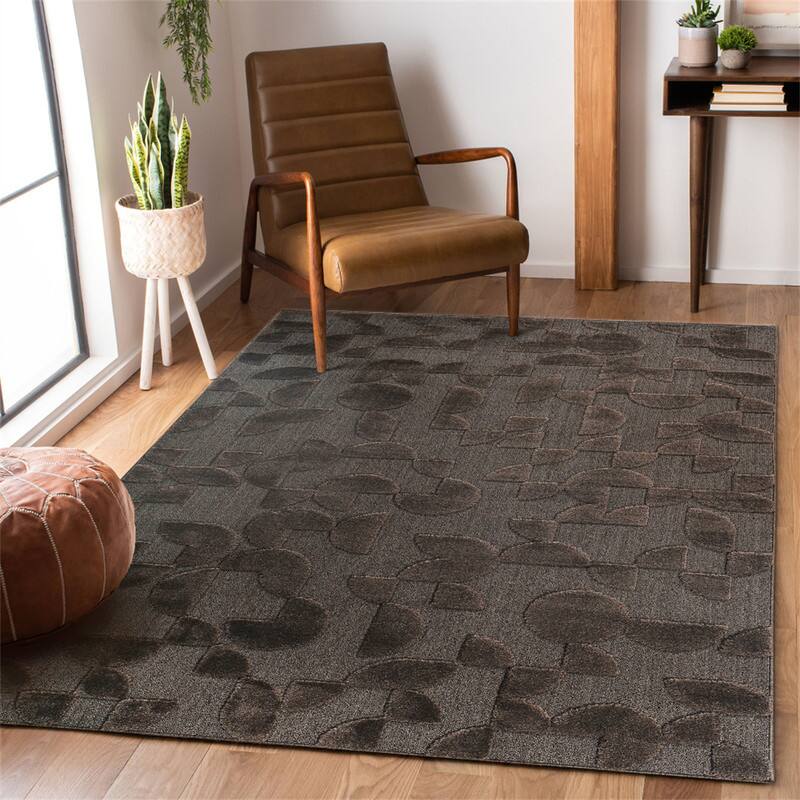 Angle. HTUTWOO - High-Low Indoor Area Rug - 5'3''x7'6'' Geometric Non-Shedding Carpet, Bohemian Style, Living Room Bedroom Kitchen - Brown.