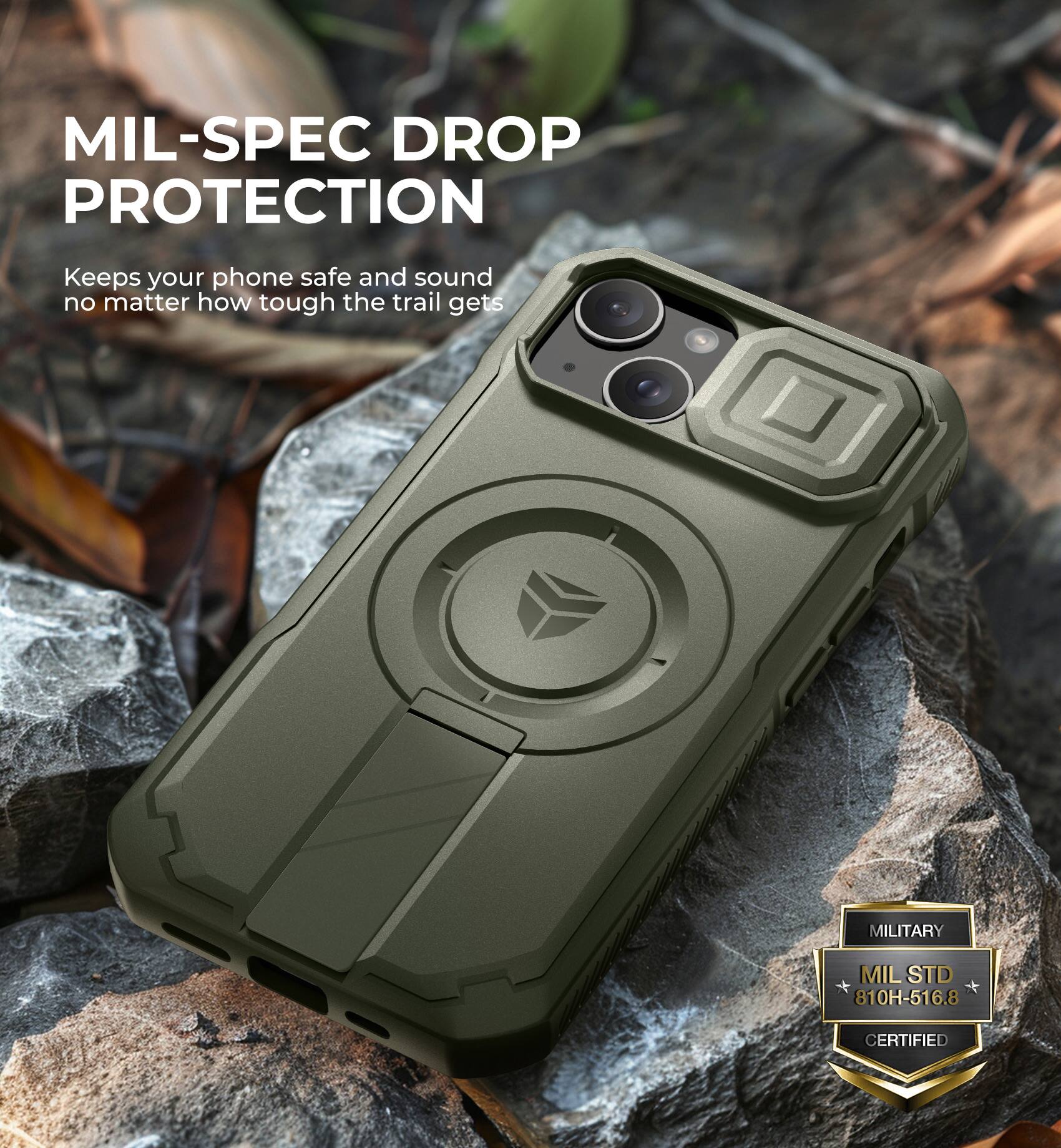 MIL-SPEC DROP PROTECTION  
Keeps your phone safe and sound no matter how tough the trail gets  

MILITARY  
MIL STD 810H-516.8 CERTIFIED