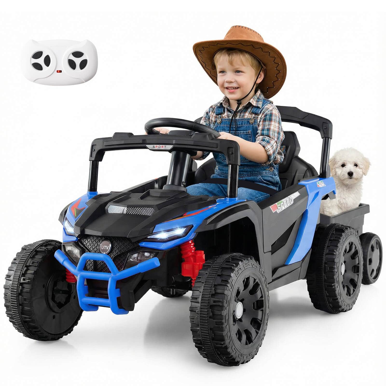 Costway - 12V Kids Ride On UTV with Detachable Trailer, Remote Control, 3 Speeds, LED Lights - Black + Blue