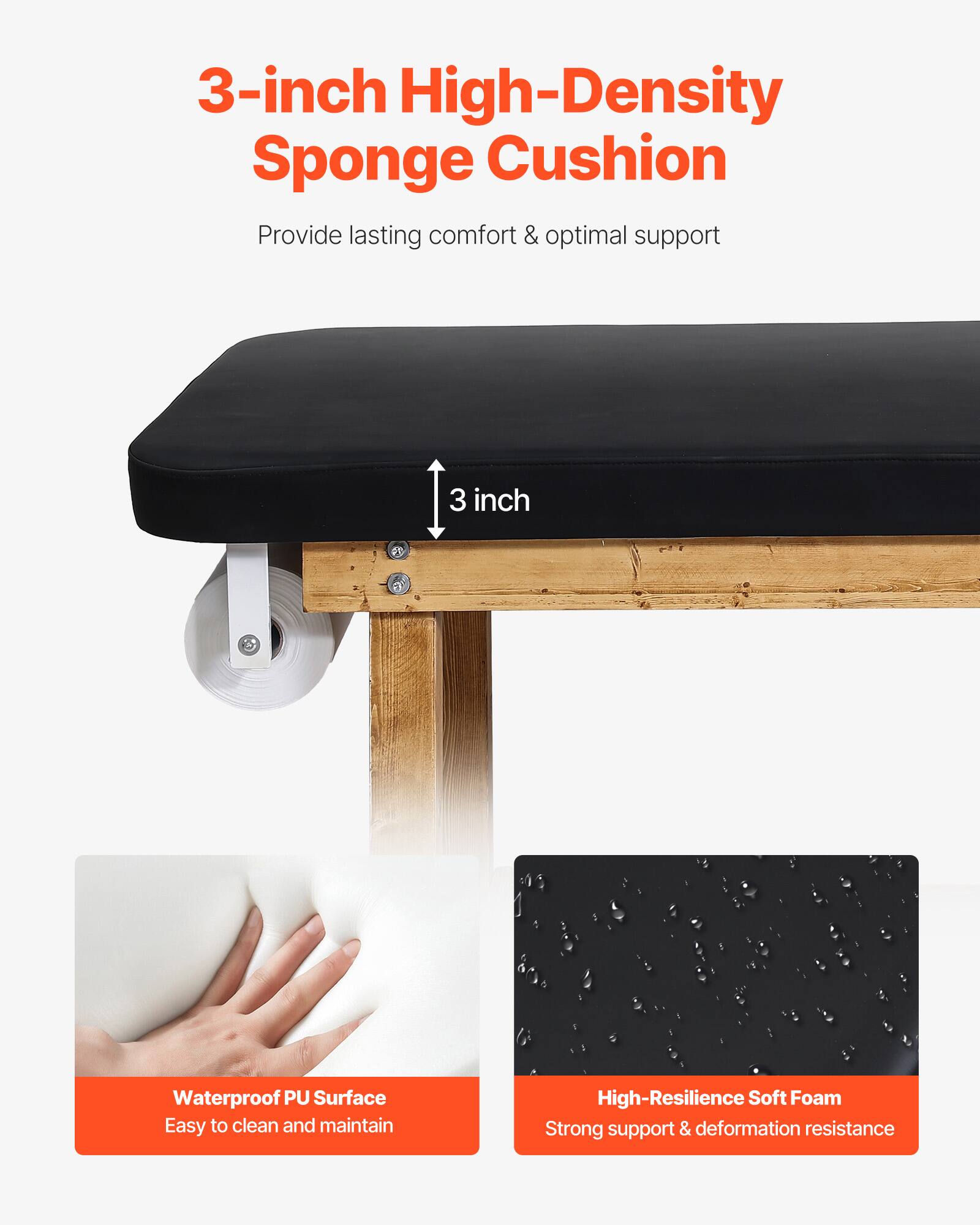 3-inch High-Density Sponge Cushion  
Provide lasting comfort & optimal support  

3-inch Waterproof PU Surface  
Easy to clean and maintain  

High-Resilience Soft Foam  
Strong support & deformation resistance