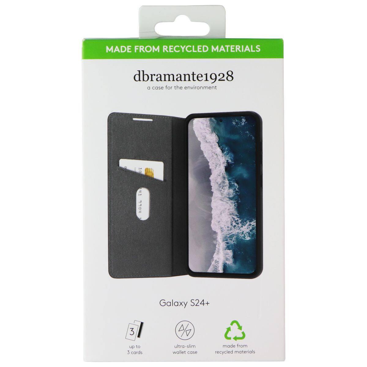 MADE FROM RECYCLED MATERIALS  
dbramante1928  
a case for the environment  

Galaxy S24+  
up to 3 cards  
ultra-slim wallet case  
made from recycled materials