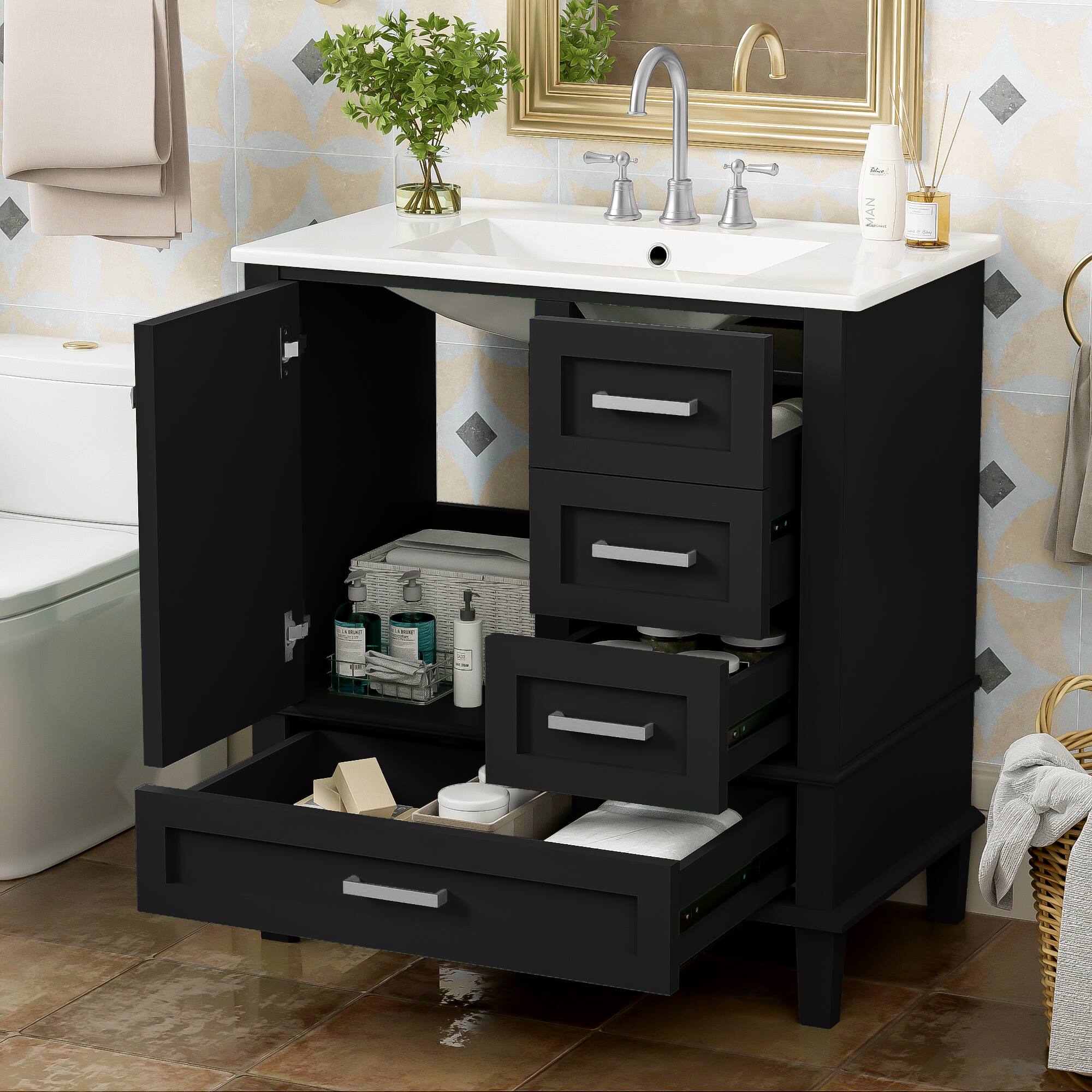 Alt View 8. Glintex - 30" Bathroom Vanity with Sink, Modern Cabinet Set, 3 Drawers, Soft-Close Door, Solid Wood Frame - Black.