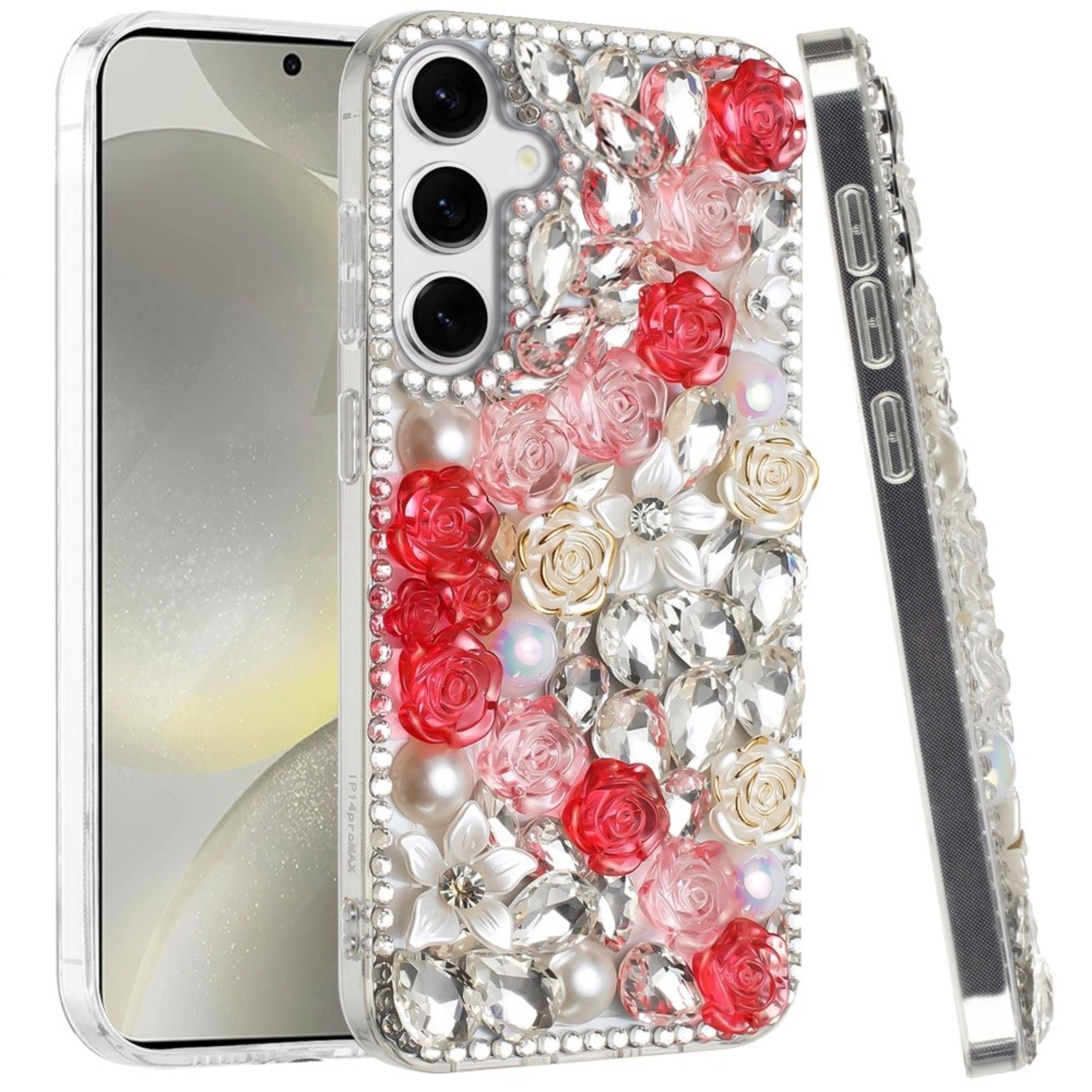 Angle. Kitcheniva - Full Rhinestone 3D Rose Bling Cover Plus Tempered Glass For Samsung S25 Plus/S24 Plus Red - Red.