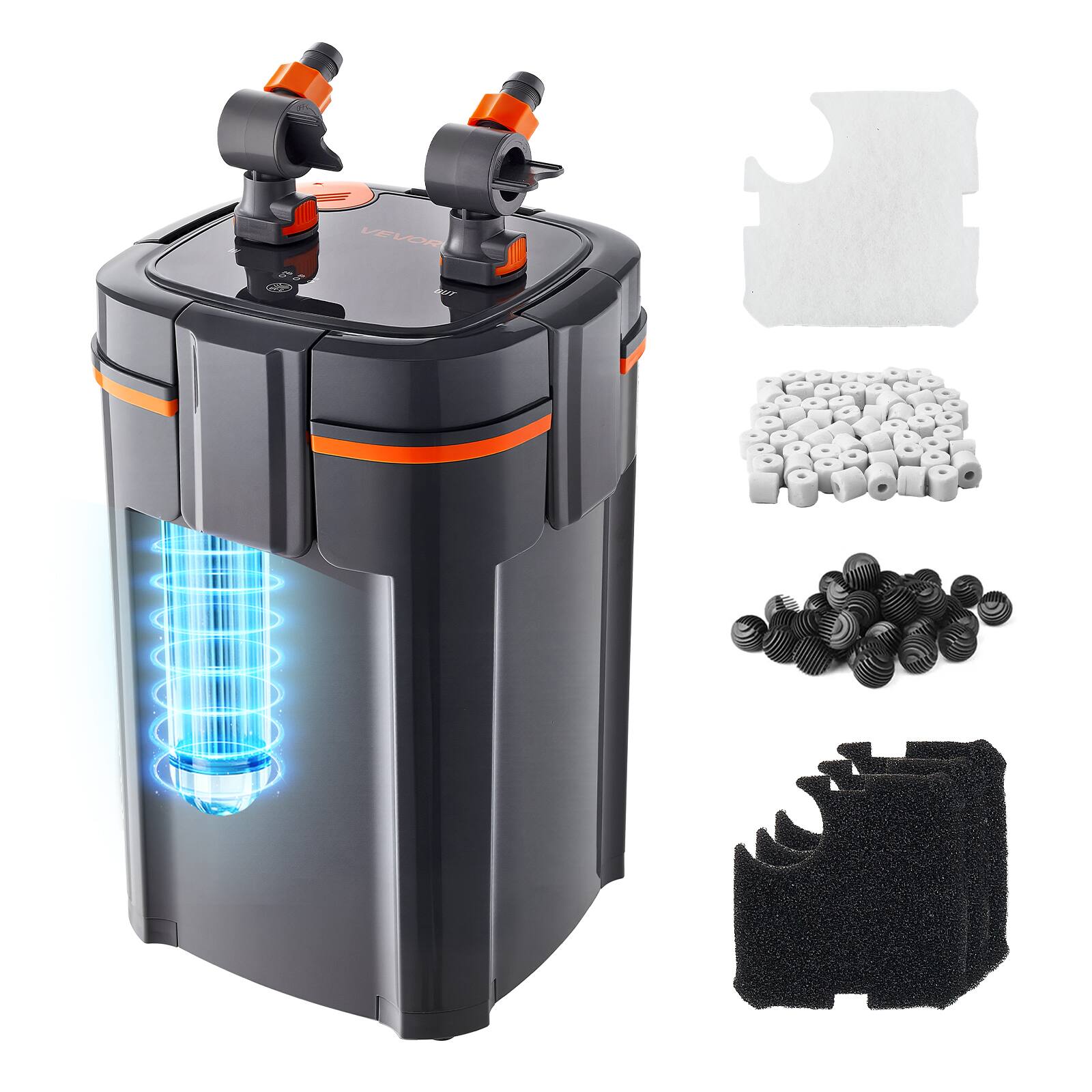 VEVOR - 396GPH Canister Filter, 4-Stage External Aquarium Filter with Timed Light, Powerful Pump, Water Circulation Cleaning - Black
