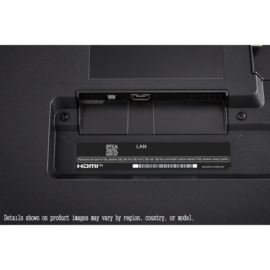 The text on the image reads: "CEC Optical LAN Digital Audio Manufactured under license from Coby Laboratories Dolby Vision Dolby Atmos and the double diamond trademark are owned by Dolby Laboratories. Dolby Audio and the double diamond trademark are registered trademarks of Dolby Laboratories. HOMI TM EJSLPCREVI Details shown on product images may vary by region, country, or model."
