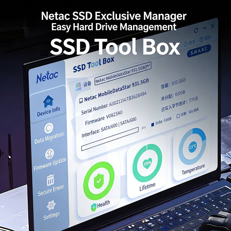 Netac SSD Exclusive Manager  
Easy Hard Drive Management  
SSD Tool Box  

Netac MobileDataStar 931.5GB (EV)  
Serial Number: A20221114ITB3628494  
Firmware Version: V0823AO  
Interface: SATA/600  
Temperature: 23°C  
Lifetime: 99%  
Health: 99%  

Device Info  
Data Migration  
Firmware Update  
Secure Erase  
Settings