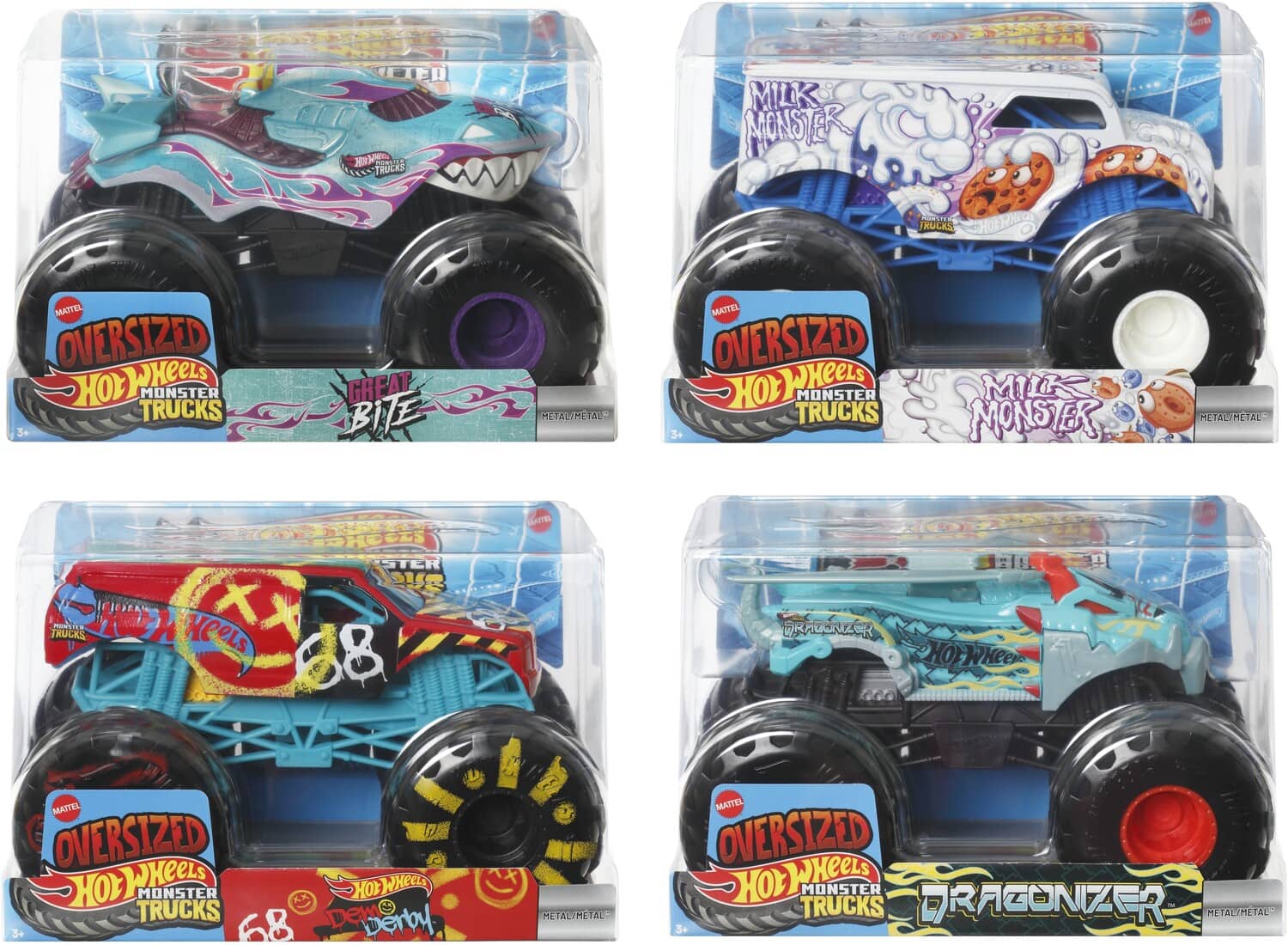 Mattel - Hot Wheels Oversized Monster Trucks 1:24 4-Piece E Assortment - COLLECTIBLES - Multicolor