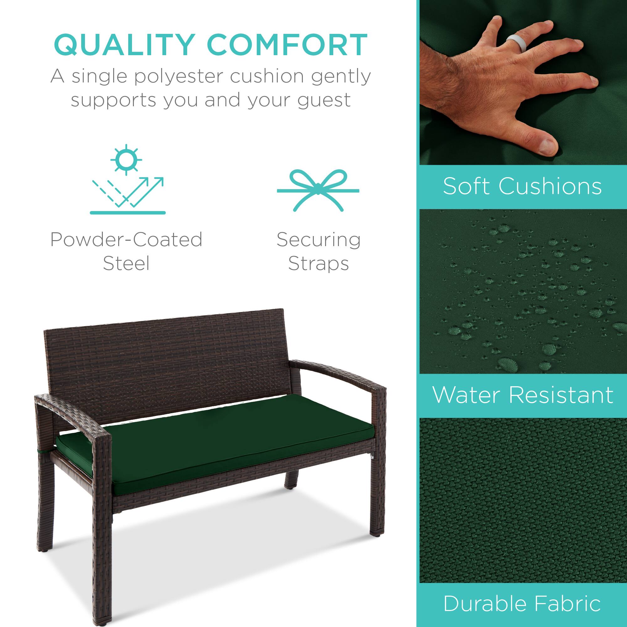 QUALITY COMFORT  
A single polyester cushion gently supports you and your guest  

Powder-Coated Steel  
Securing Straps  

Soft Cushions  
Water Resistant  
Durable Fabric