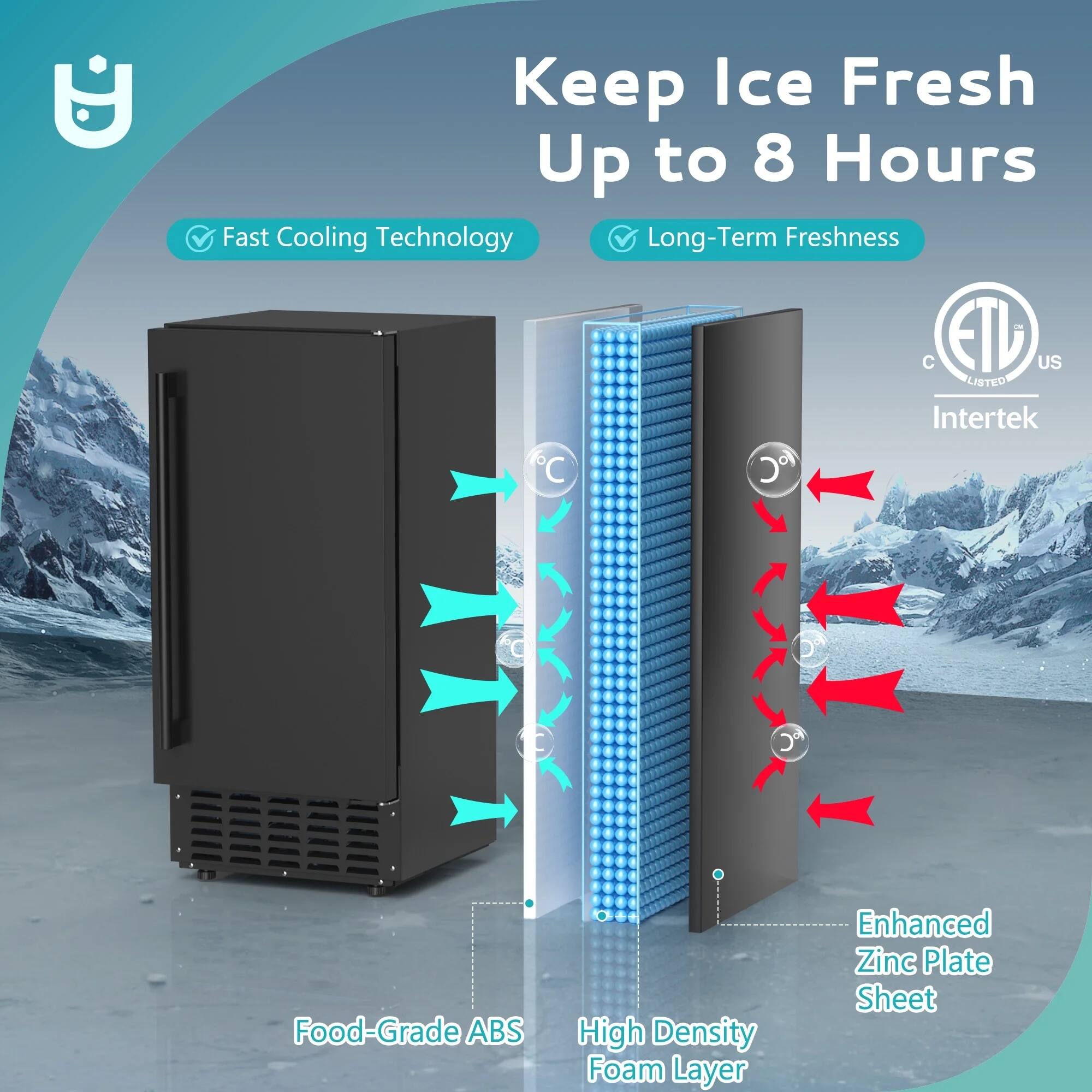 Keep Ice Fresh Up to 8 Hours

- Fast Cooling Technology
- Long-Term Freshness

Food-Grade ABS
High Density Foam Layer
Enhanced Zinc Plate Sheet

ETL US LISTED Intertek