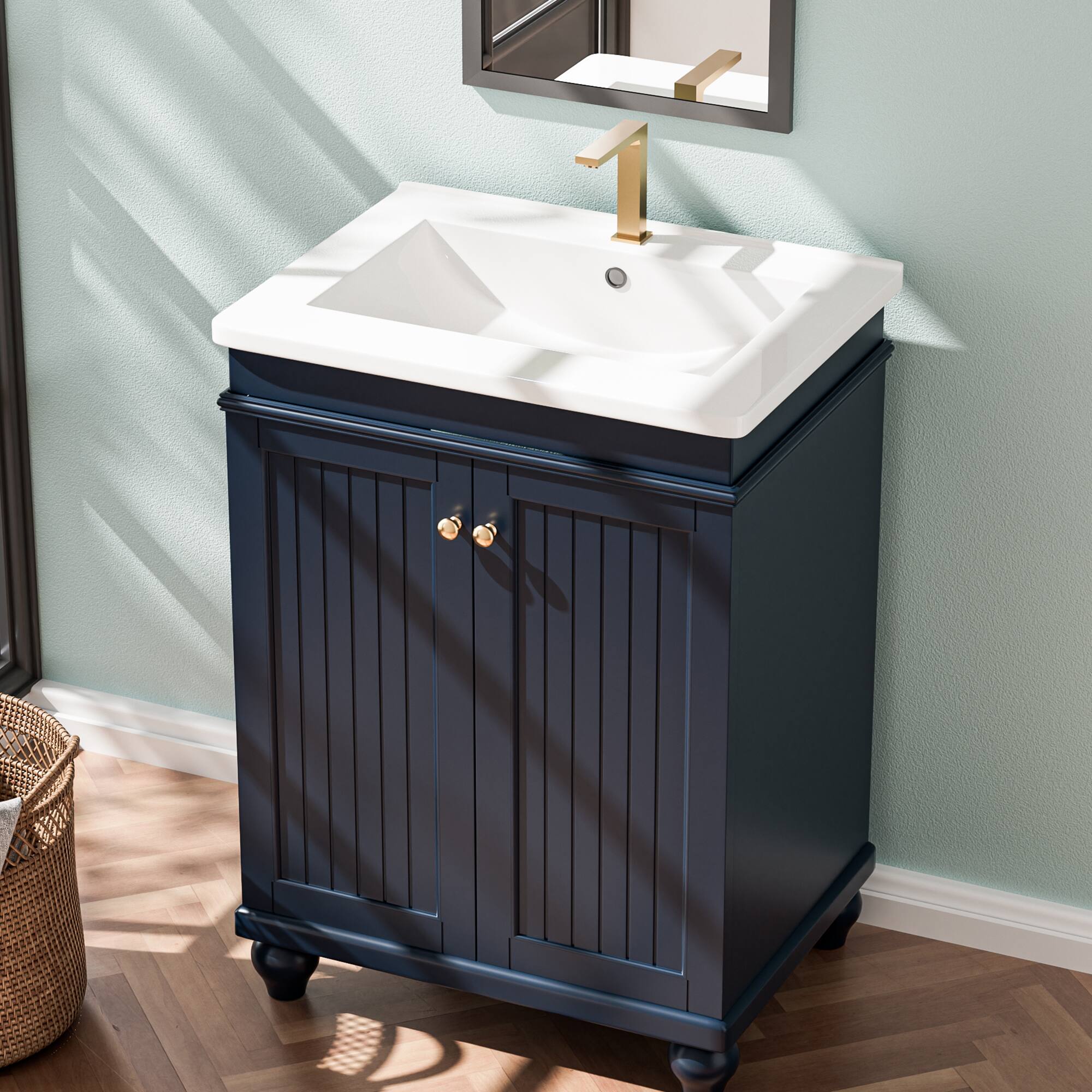 Front. KERDOM - 24 inch Wide Bathroom Vanity with Ceramic Top Sink Bathroom Organizer Floor Wash Cabinet Roomy Washstand Soft Close Door - Blue.