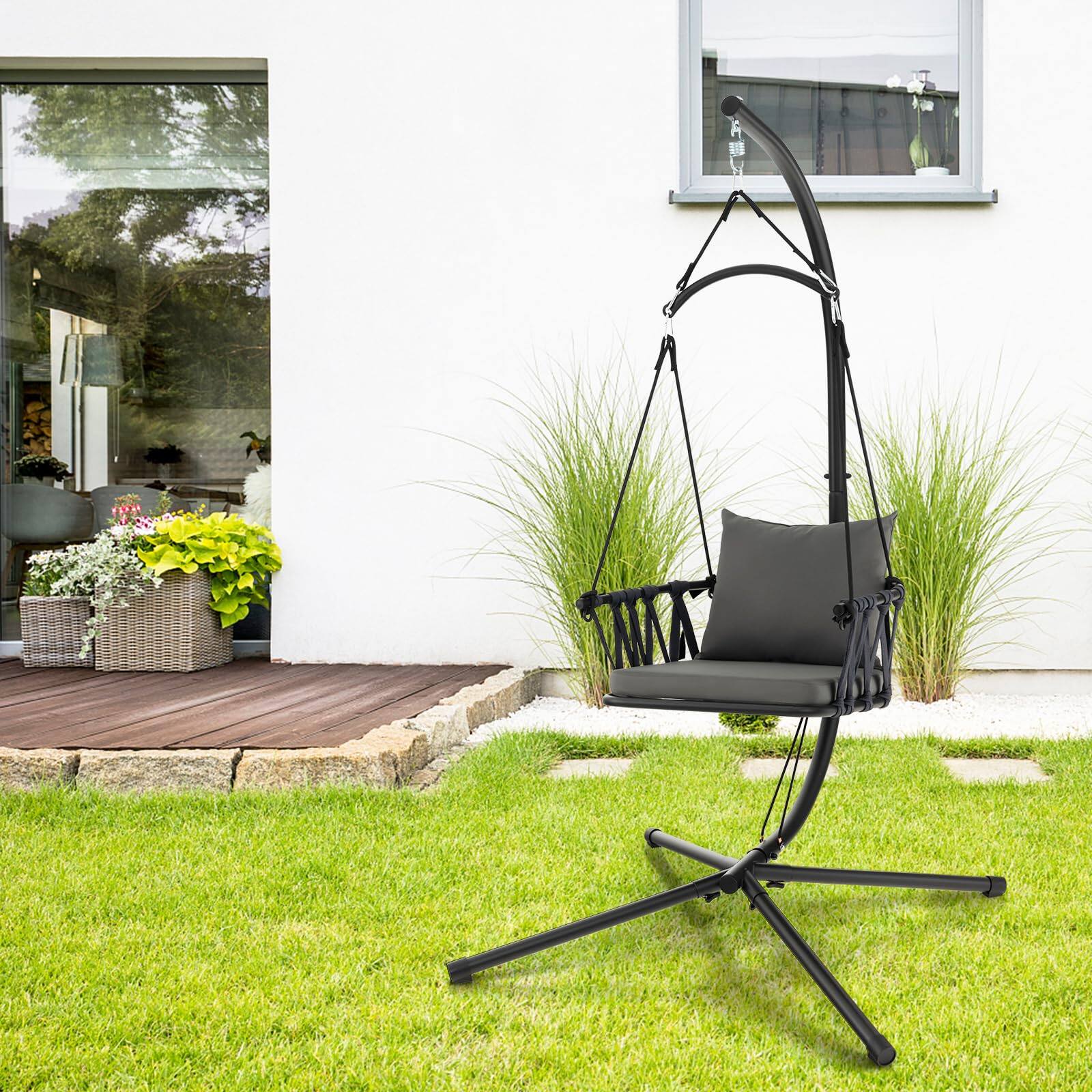 Alt View 3. Fabibe - Folding Swing Chair with Stand, Hanging Egg Chair with Cushion, Pillow, Wicker Basket Seat, Indoor Outdoor Hammock... - Default.