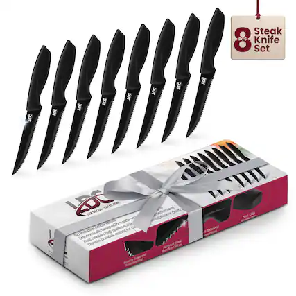Steak 8 PCS Knife Set
3GT YOC X XF XY XF XF DG FOL LAVK DECOR COLLECTION
- Ergonomically designed PP handle with high-quality material
- Durable, non-stick coating for easy cleaning
- Stainless steel blades
- Balanced proportions
- Non-slip handle
- Set includes serrated knives for clean slices
- High-performance cutting for steak or poultry