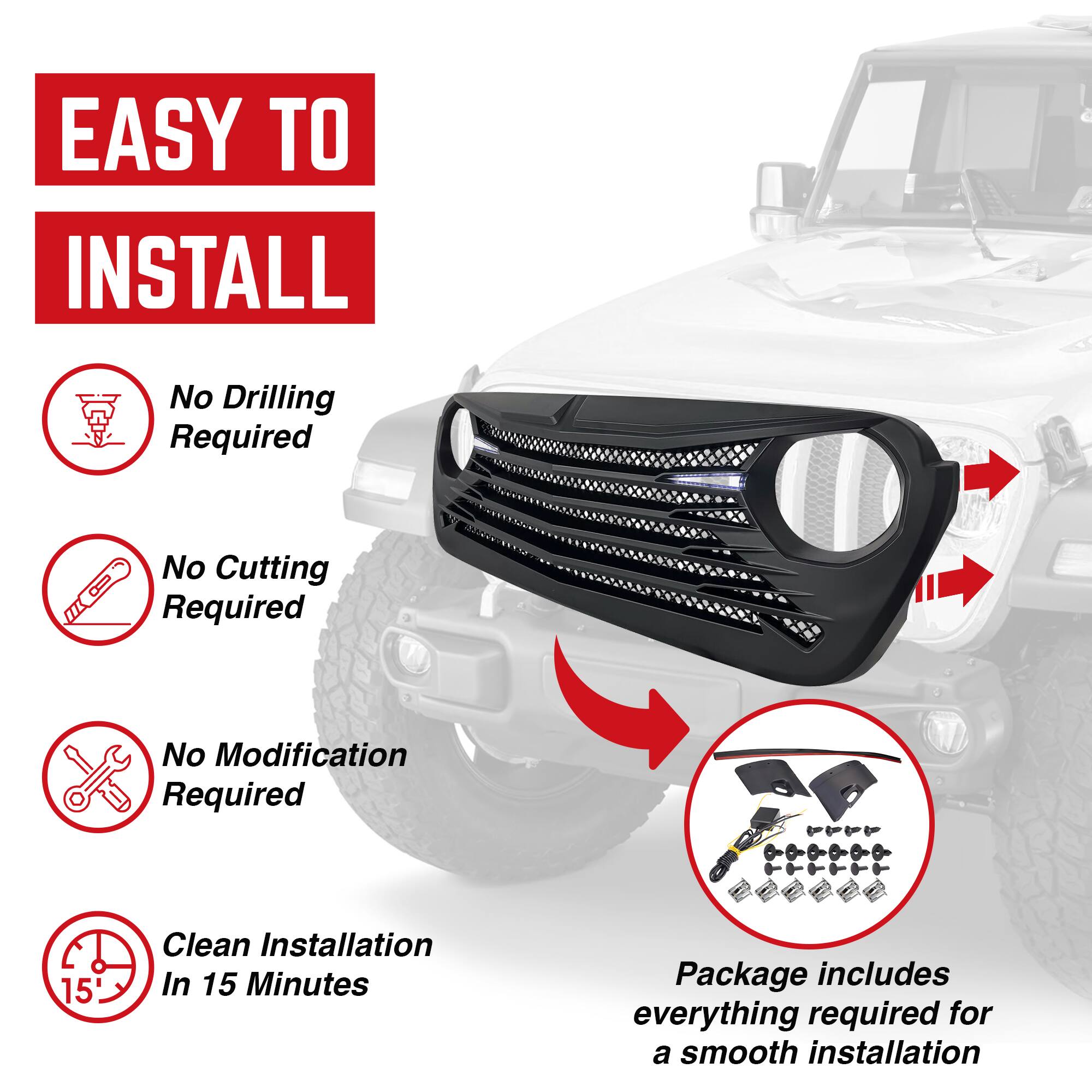 EASY TO INSTALL

- No Drilling Required
- No Cutting Required
- No Modification Required
- Clean Installation In 15 Minutes

Package includes everything required for a smooth installation