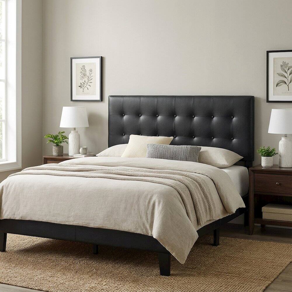 Left. FurniFact - Upholstered Vinyl King Headboard with Durable Frame and Elegant Design - Black.