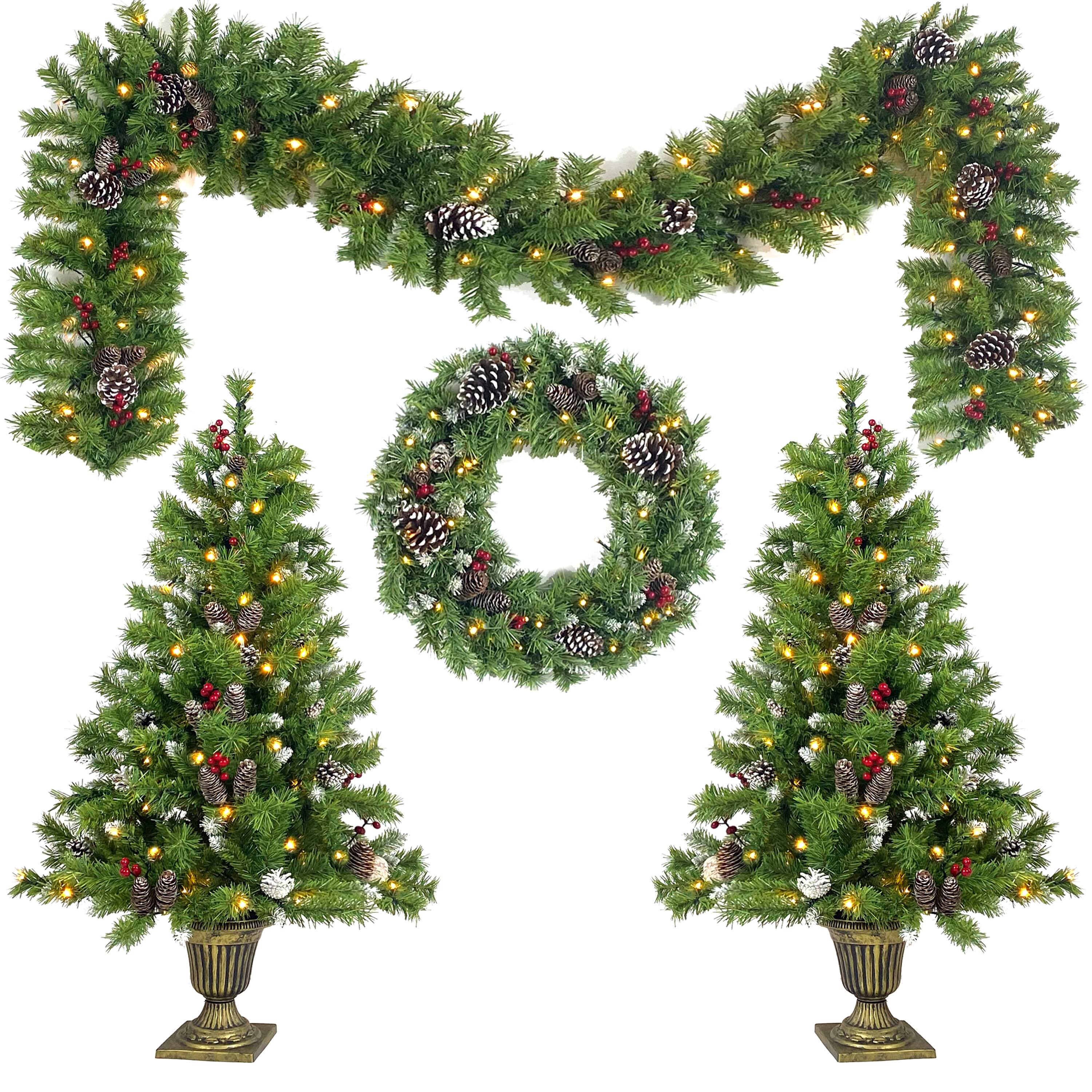Back. Lirago - 4 Piece Pre lit Artificial Christmas Tree Set Garland Wreath 2 Entrance Trees LED Lights - Green.