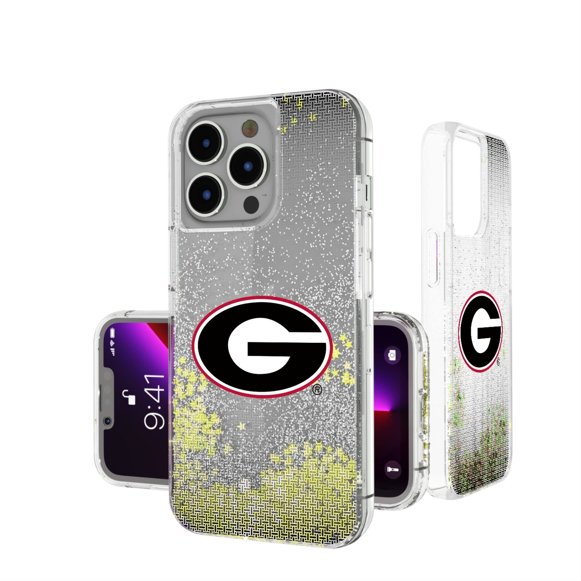Front. Keyscaper - Georgia Bulldogs Linen Logo iPhone Glitter Case - 15 Pro - Multicolor.