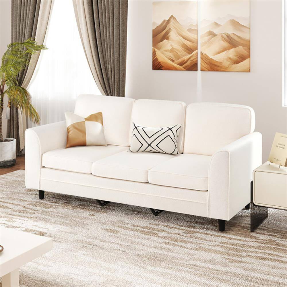 Back. Kadyn - Upholstered Teddy Velvet 3-Seat Sofa with Comfy Back Pillows-White - White.