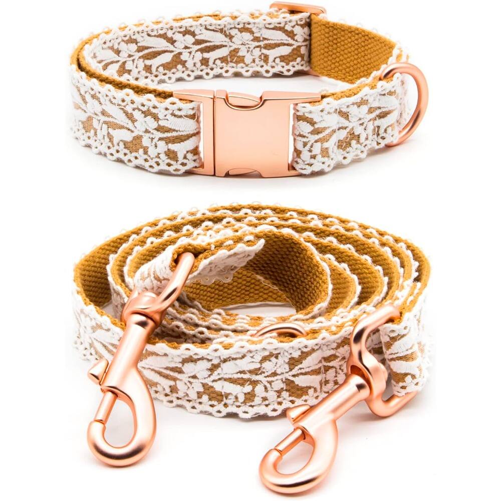 Front. MOSZAR LLC - Cotton Lace Dog Collar & Leash Set – Handmade, Adjustable 4–5 ft, Comfortable - Brown (2pcs collar+leash, width:1").