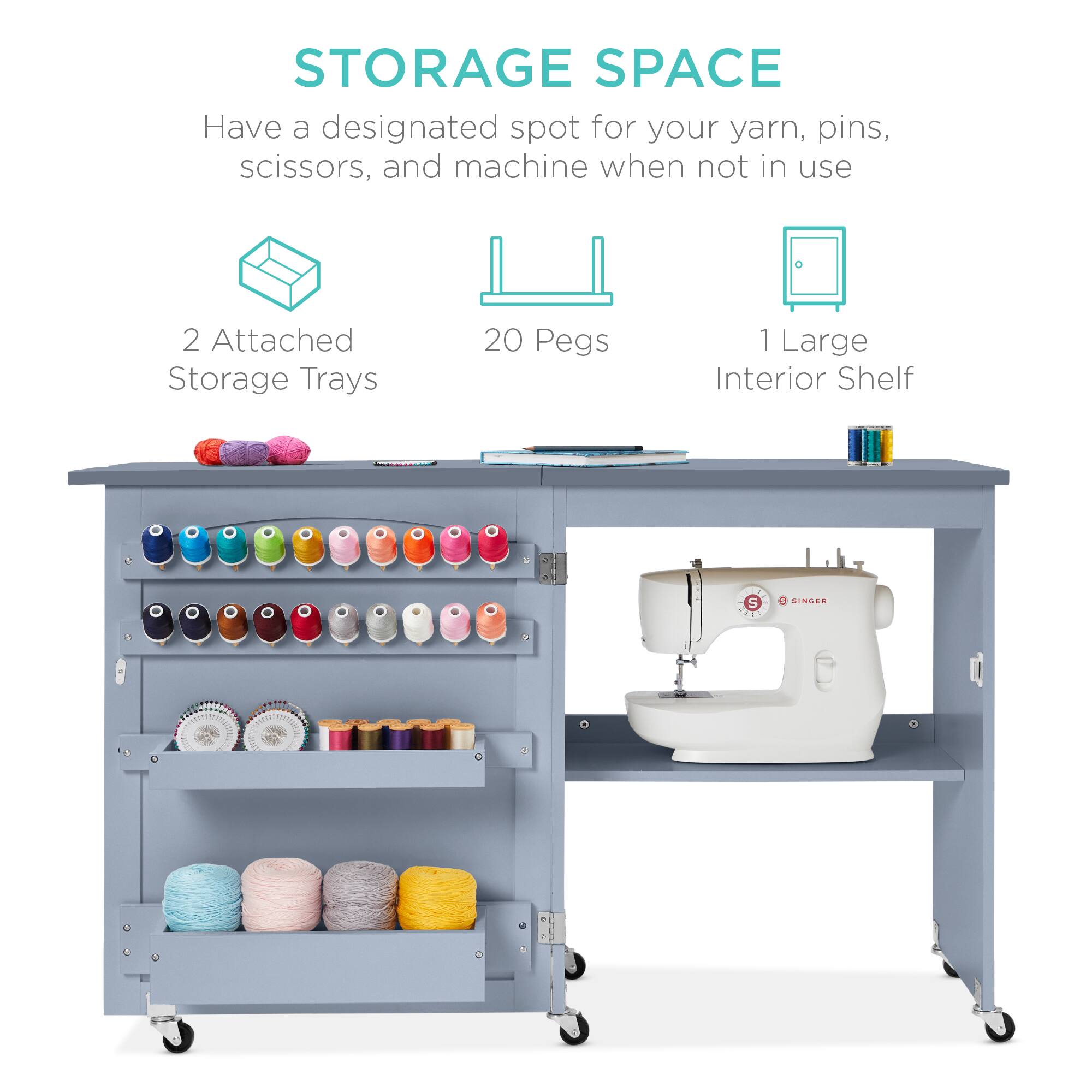 STORAGE SPACE

Have a designated spot for your yarn, pins, scissors, and machine when not in use

2 Attached Storage Trays

20 Pegs

1 Large Interior Shelf