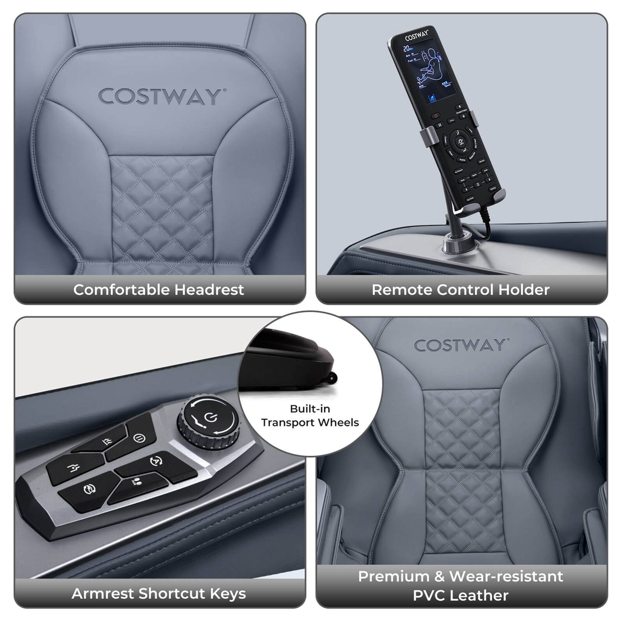 COSTWAY: Comfortable Headrest Remote Control Holder Built-in Transport Wheels Armrest Shortcut Keys Premium & Wear-resistant PVC Leather