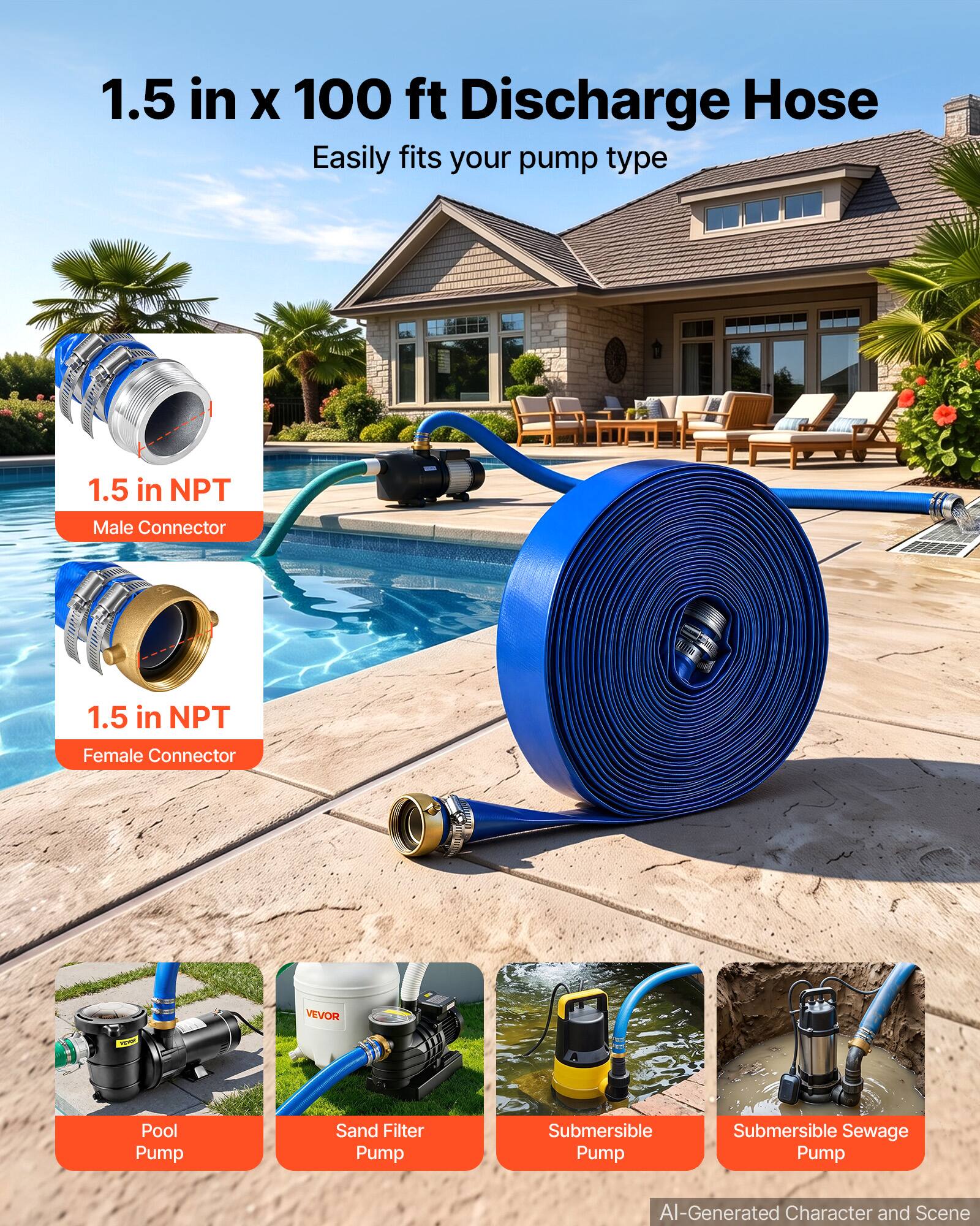 1.5 in x 100 ft Discharge Hose  
Easily fits your pump type

1.5 in NPT Male Connector

1.5 in NPT Female Connector

VEVOR

Pool Pump  
Sand Filter Pump  
Submersible Pump  
Submersible Sewage Pump

AI-Generated Character and Scene