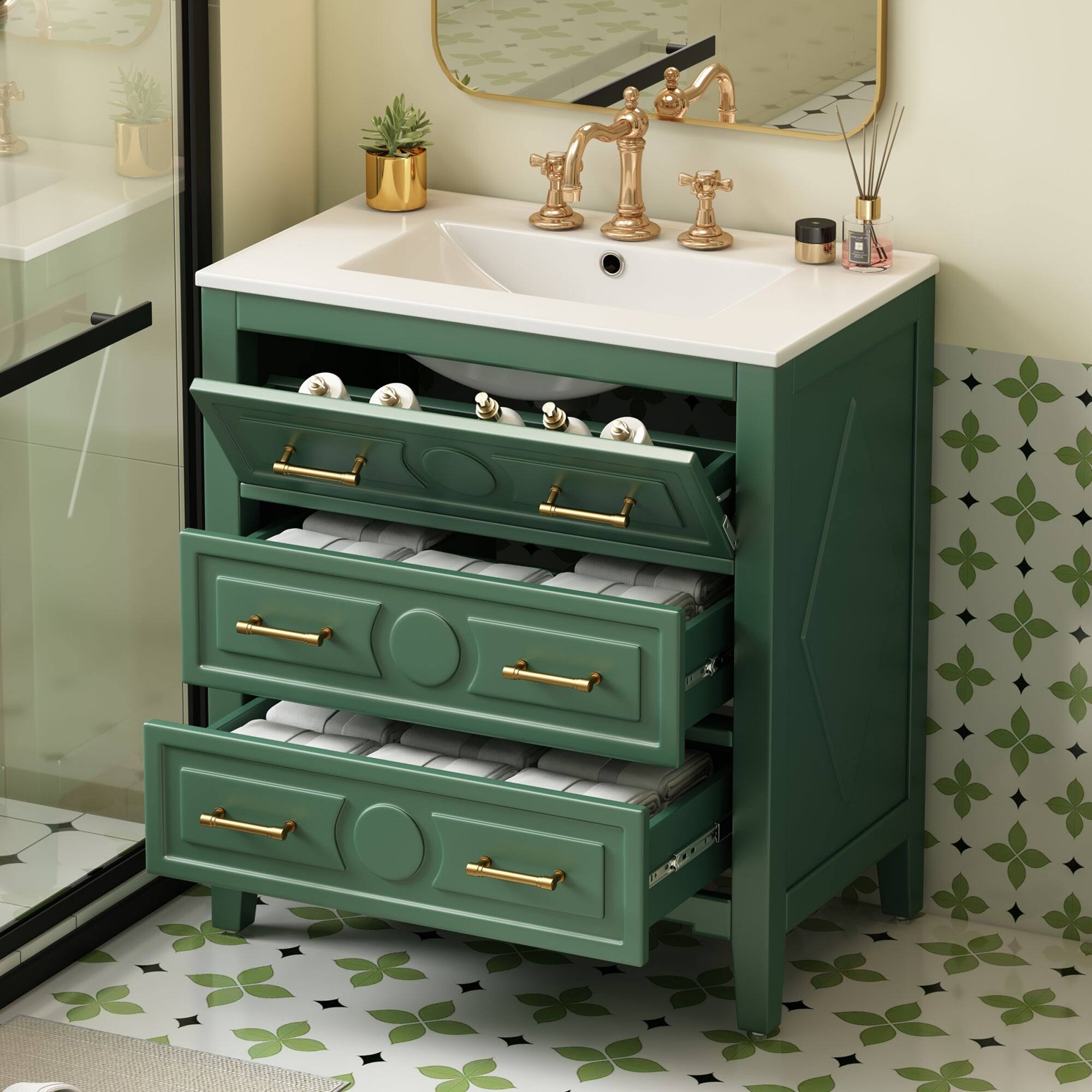 Alt View 2. Boyel Living - 30 Inch Retro Bathroom Vanity with Ceramic Sink and Three Drawers Green - Green.