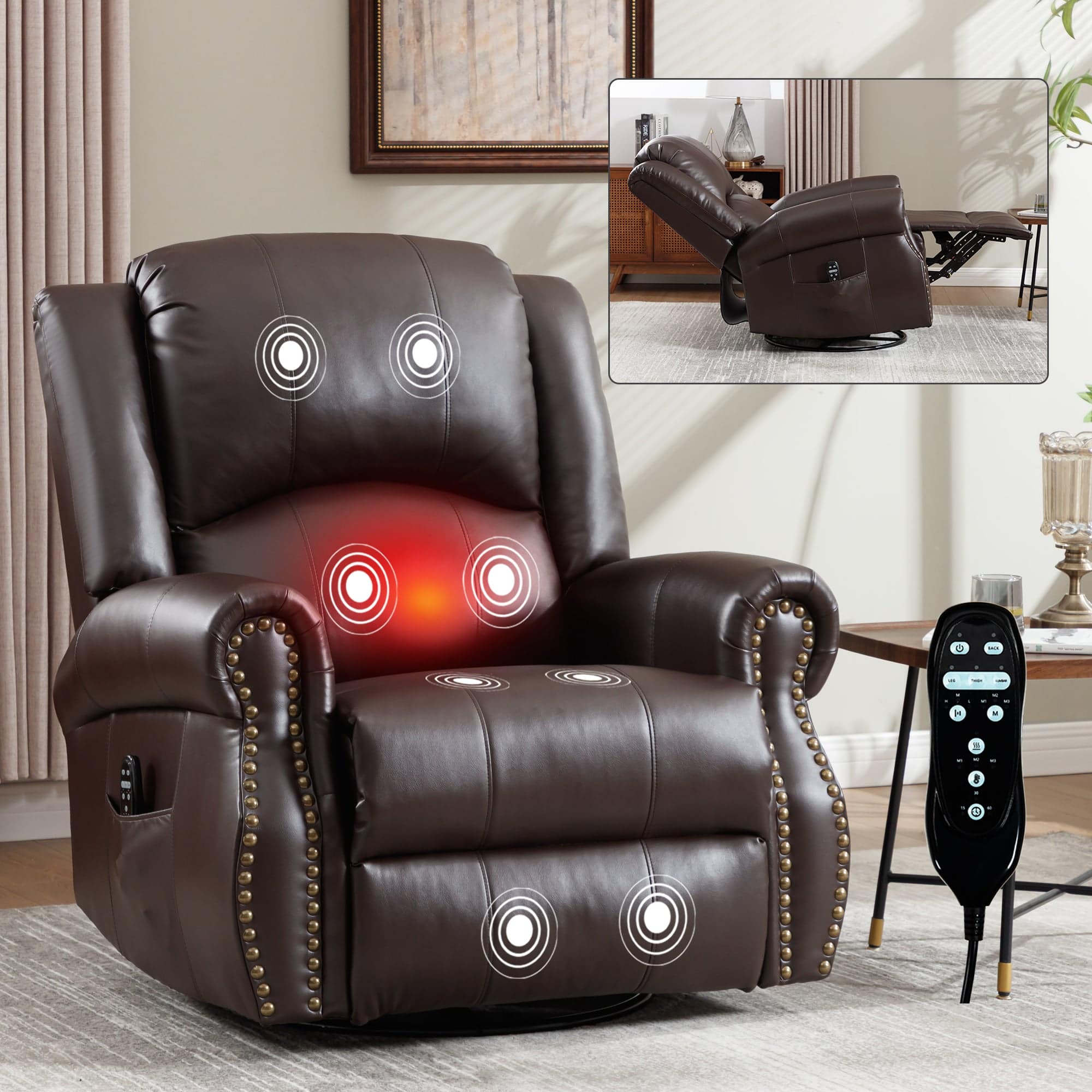 Front. Boyel Living - Multi-Function Faux Leather Massage Recliner Chair with Heat, Swivel and Rocking in Brown - Brown.