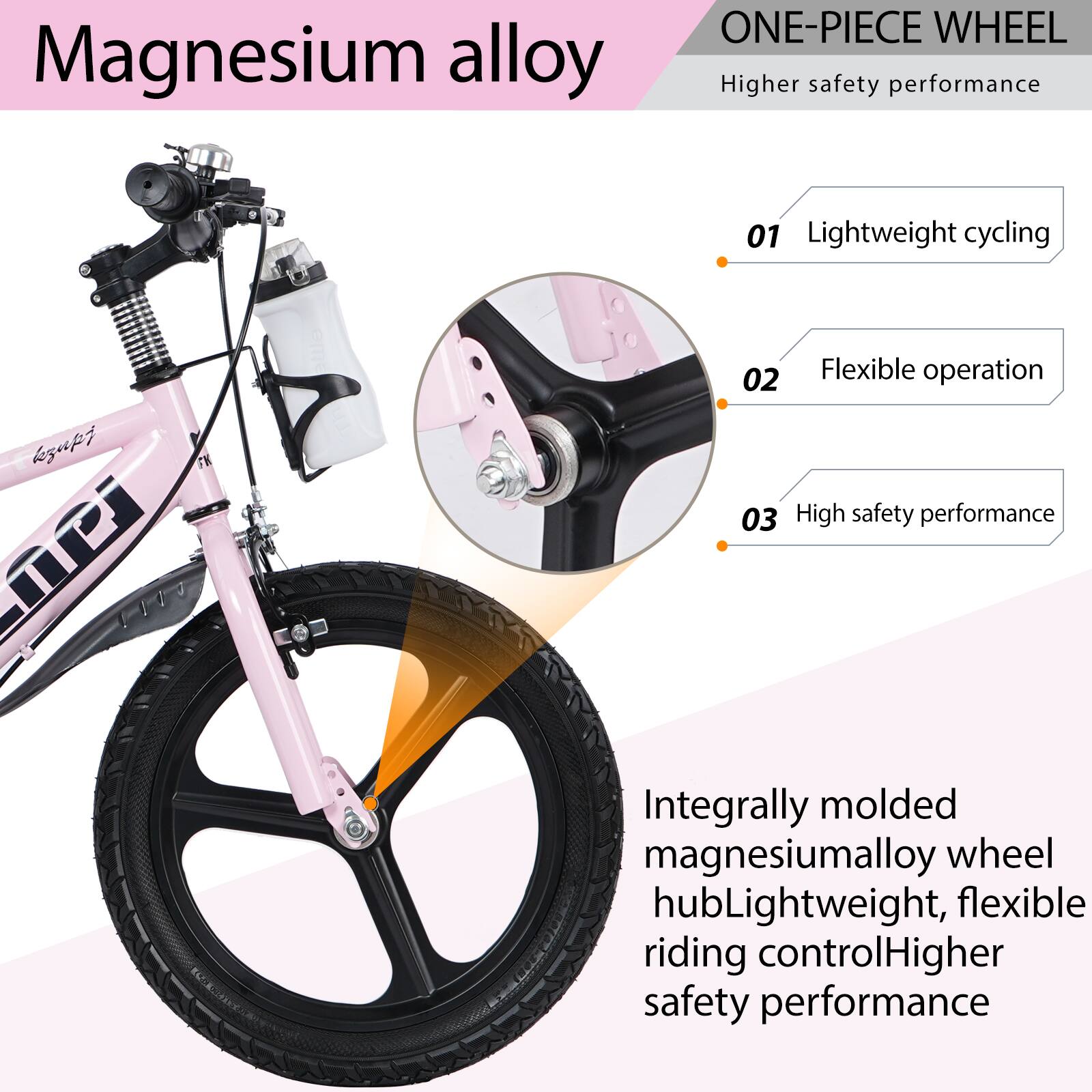 Magnesium alloy ONE-PIECE WHEEL  
Higher safety performance  

01 Lightweight cycling  
02 Flexible operation  
03 High safety performance  

Integrally molded magnesium alloy wheel hub  
Lightweight, flexible riding control  
Higher safety performance