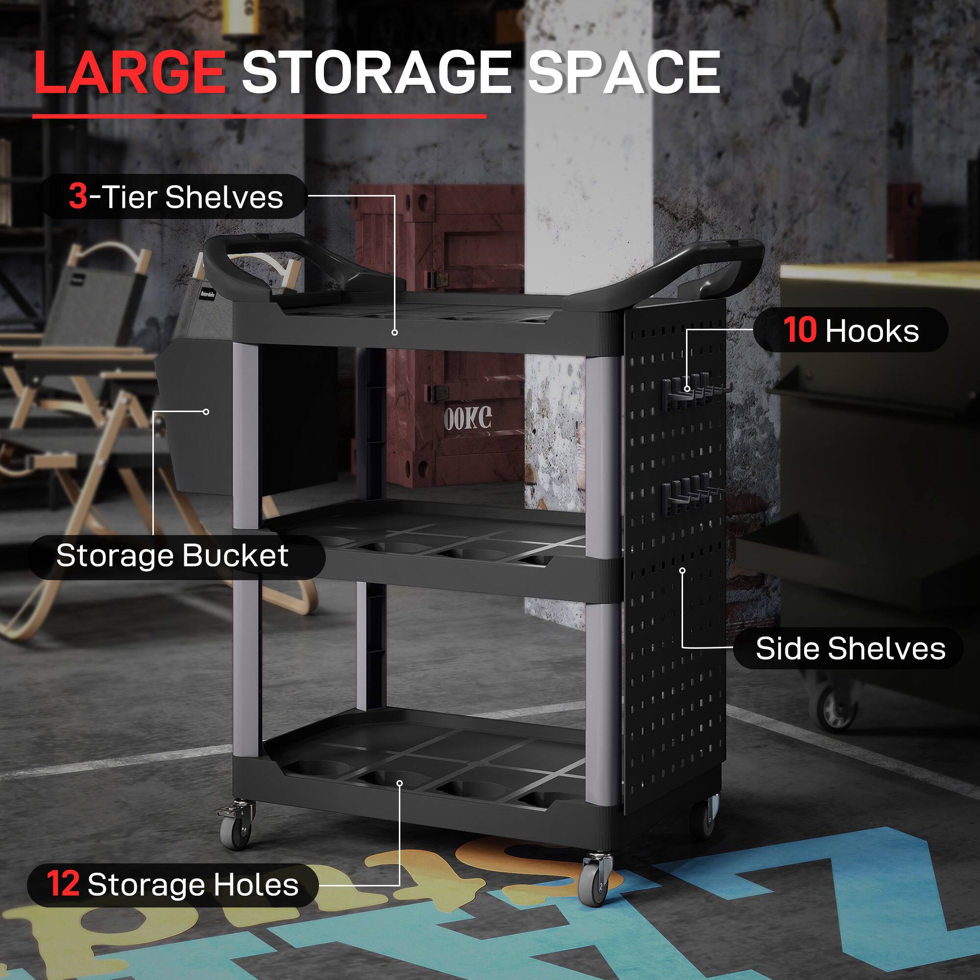 LARGE STORAGE SPACE
3-Tier Shelves
10 Hooks
Storage Bucket
Side Shelves
12 Storage Holes