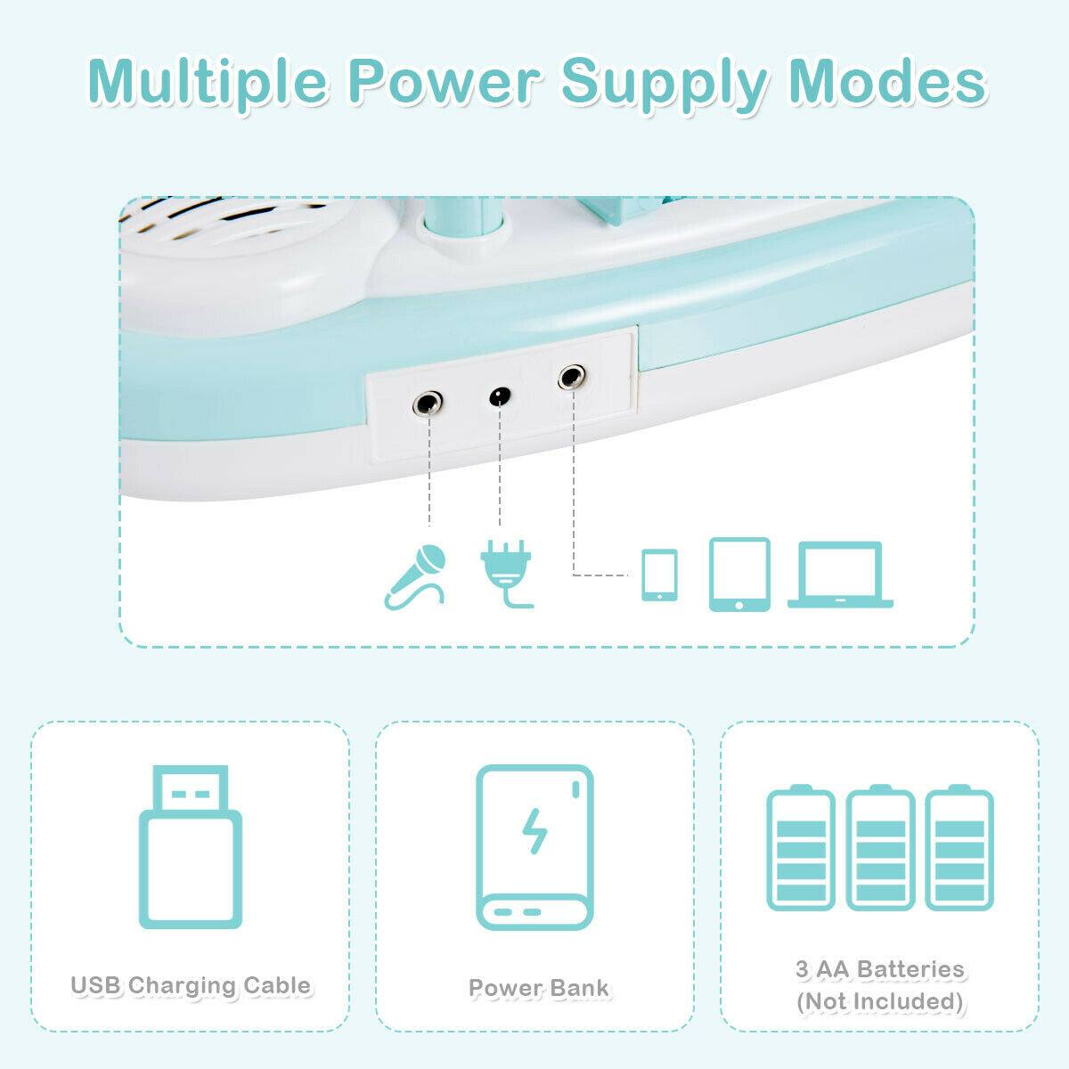 Multiple Power Supply Modes

- USB Charging Cable
- Power Bank
- 3 AA Batteries (Not Included)