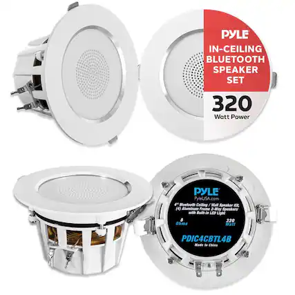 PYLE IN-CEILING BLUETOOTH SPEAKER SET
320 Watt Power
PyleUSA.com
4" Bluetooth Ceiling / Wall Speaker Kit
(4) Aluminum Frame 2-Way Speakers with Built-in LED Light
8 Ohms
320 Watt
PDIC4CBTL4B
Made in China
