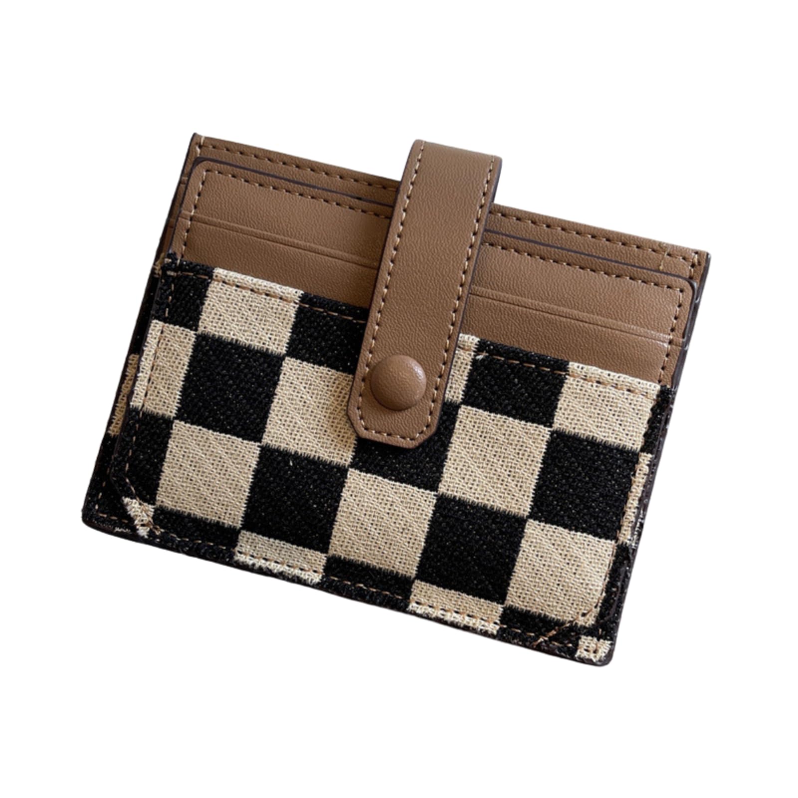 Front. Jadie Link - Cute Slim Card Holder Canvas Front Pocket Checkered Wallet Small Credit Case Women black Cute Stylish Loved customers - Brown.