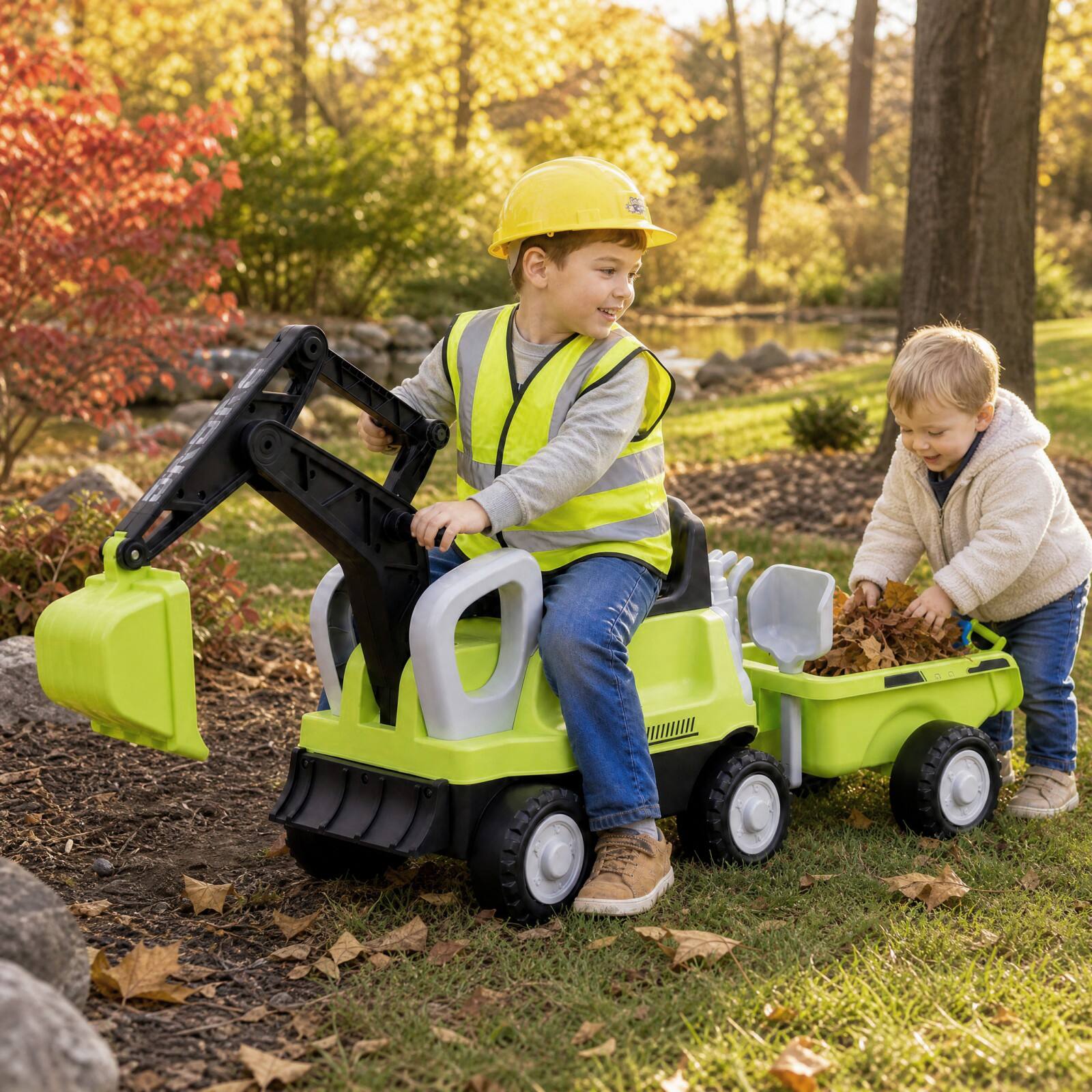 Alt View 3. Costway - Costway Toddler Ride-On Tractor with Detachable Trailer, Foot-Powered Sliding Car - Green.