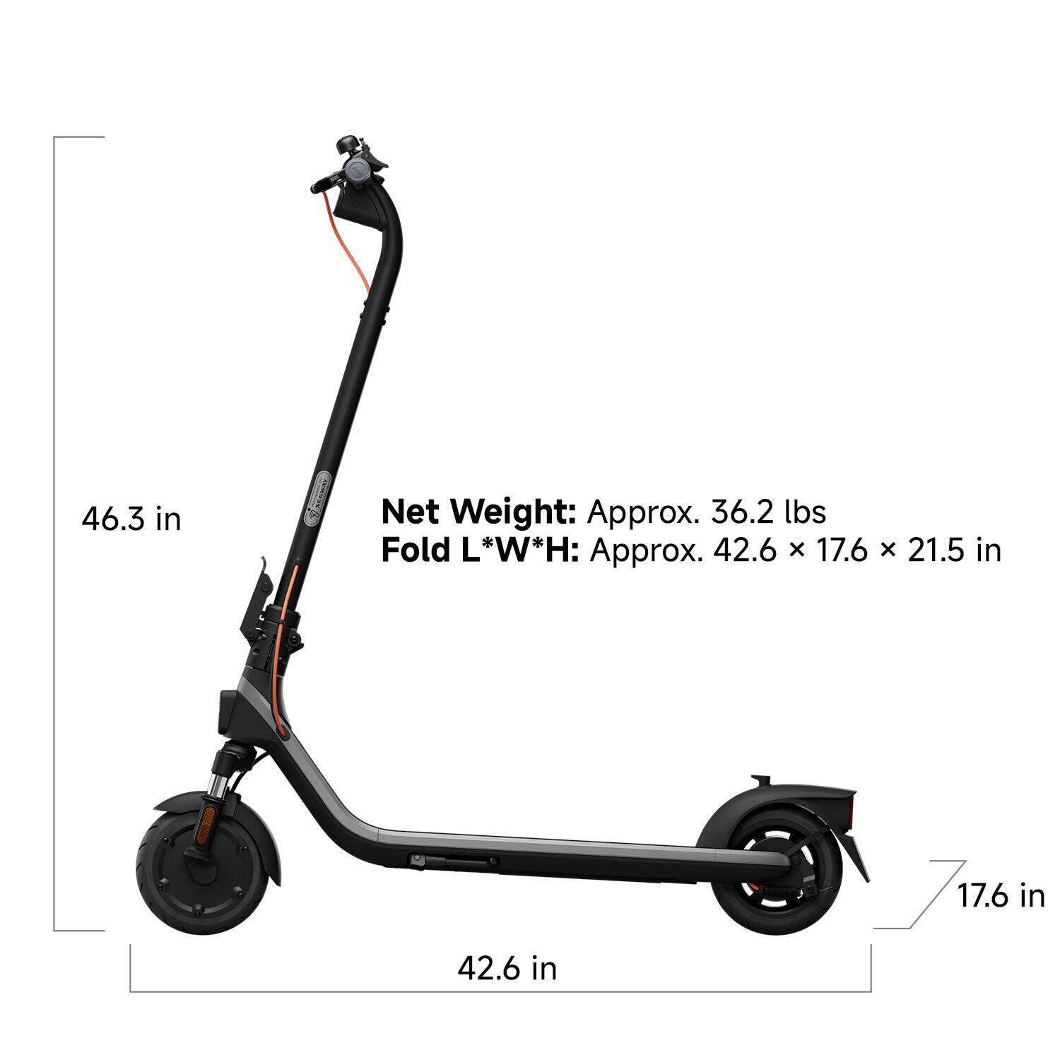 The text on the image reads:

46.3 in Net Weight: Approx. 36.2 lbs Fold L*W*H: L Approx. 42.6 x 17.6 x 21.5 in 42.6 in 7 17.6 in

This text describes the dimensions and weight of a foldable scooter. The scooter has a net weight of approximately 36.2 lbs, and it can be folded to a compact size with dimensions of 42.6 inches in length, 17.6 inches in width, and 21.5 inches in height.