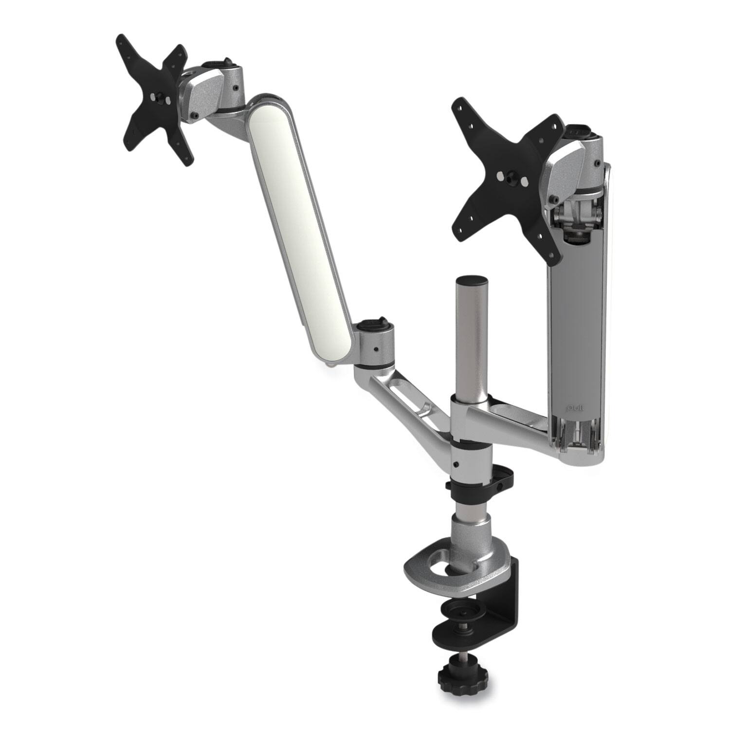 Left. KanTek - Multi-Directional Dual Monitor Arm, For 30" Monitors, 360 Deg Rotation, 105 Deg Tilt, 360 Deg Pan - Silver.