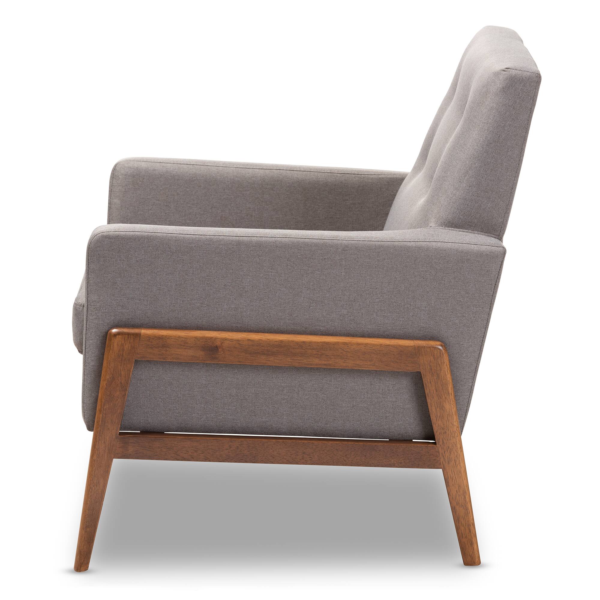 Left. Baxton Studio - Perris Mid-Century Modern Fabric Upholstered Walnut Wood Lounge Chair - Grey.