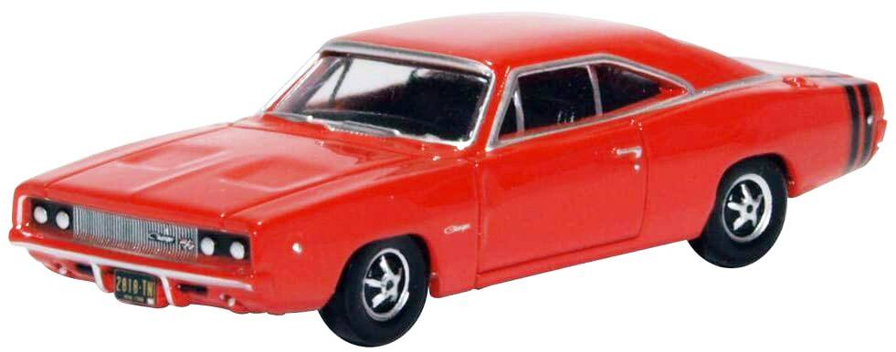 Alt View 1. Oxford Diecast - 1968 Dodge Charger Bright Red with Black Stripes 1/87 (HO) Scale Diecast Model Car by Oxford Diecast.